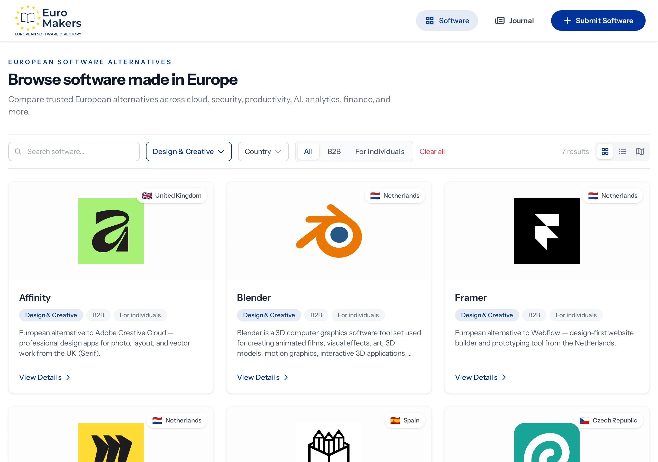 Screenshot of the Design and Creative category in the software directory showing European design tools