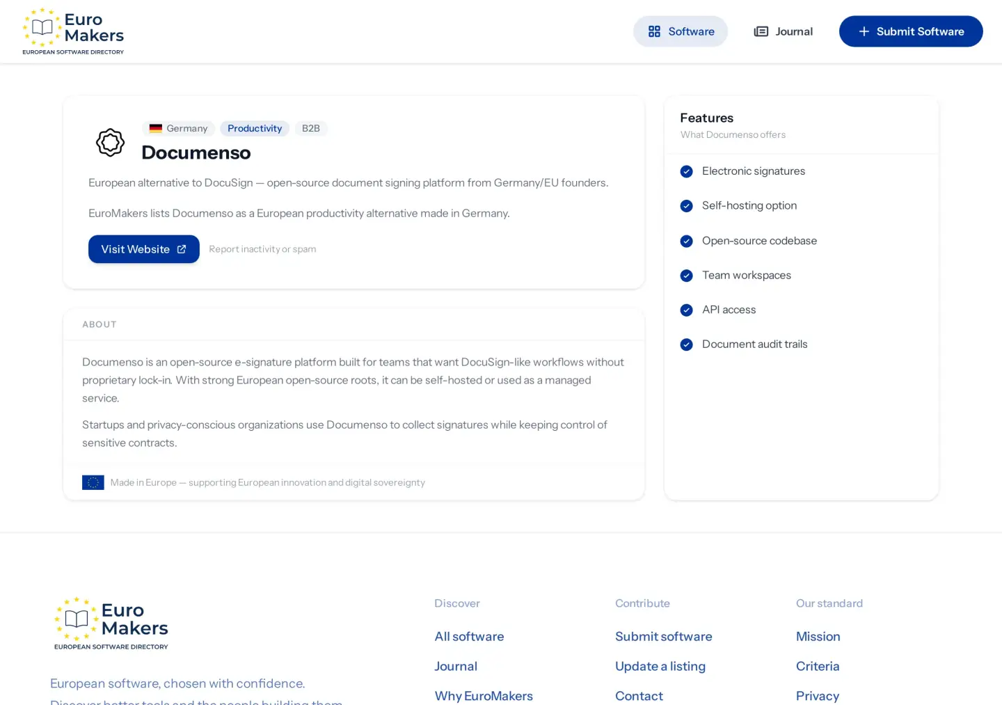 Screenshot of the Documenso listing page showing the company description, features, and Germany as country of origin