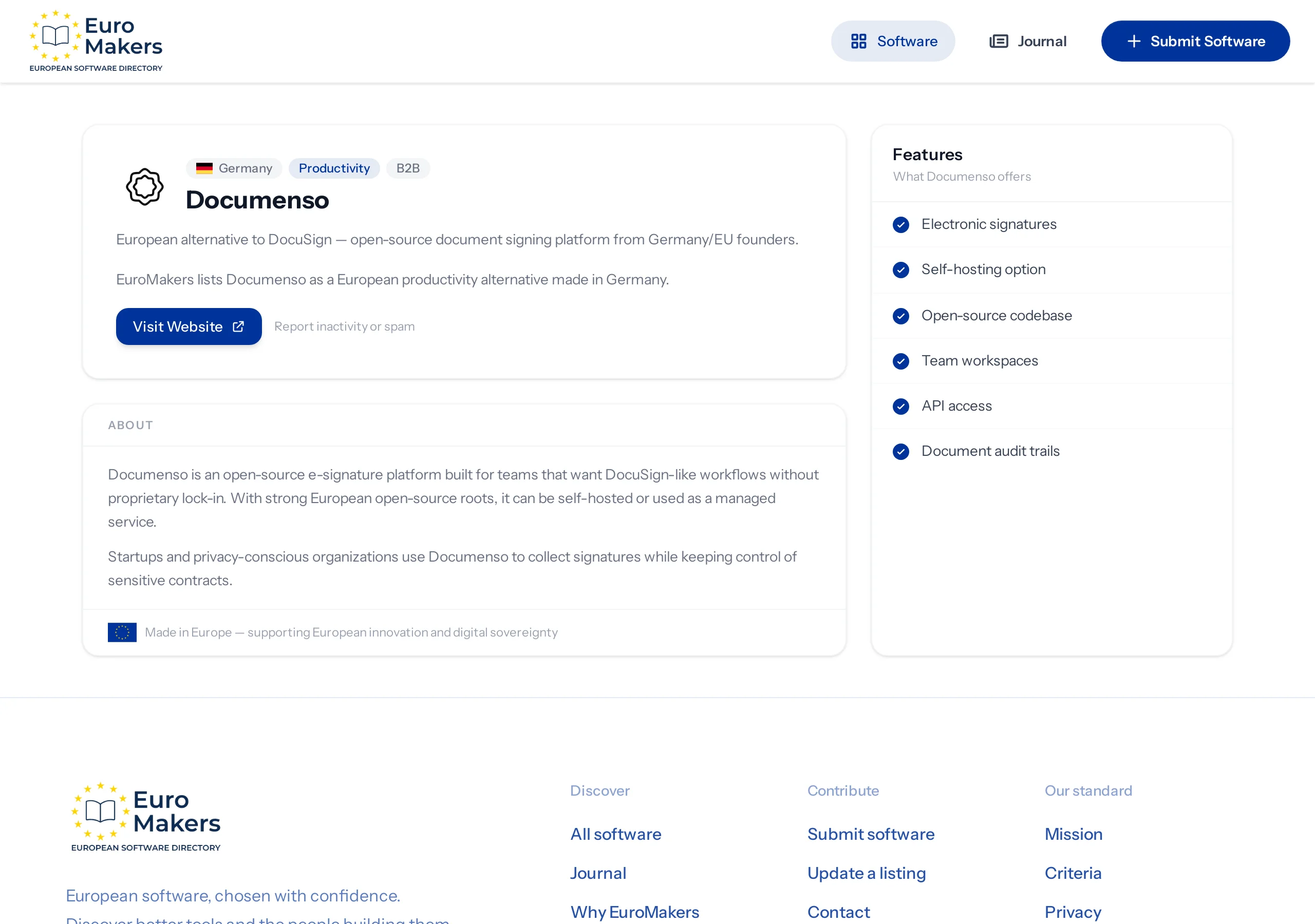 Screenshot of the Documenso listing page showing the company description, features, and Germany as country of origin