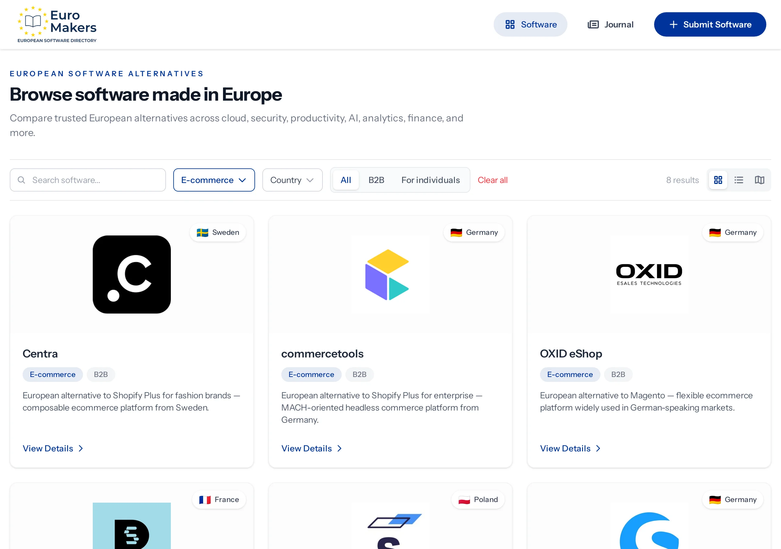 Screenshot of the E-commerce category in the software directory showing European shop platforms