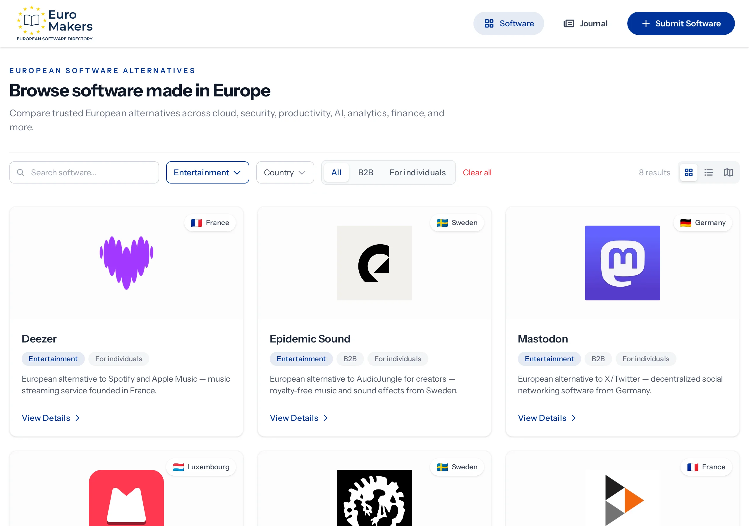 Screenshot of the Entertainment category in the software directory showing European music, video, and social tools