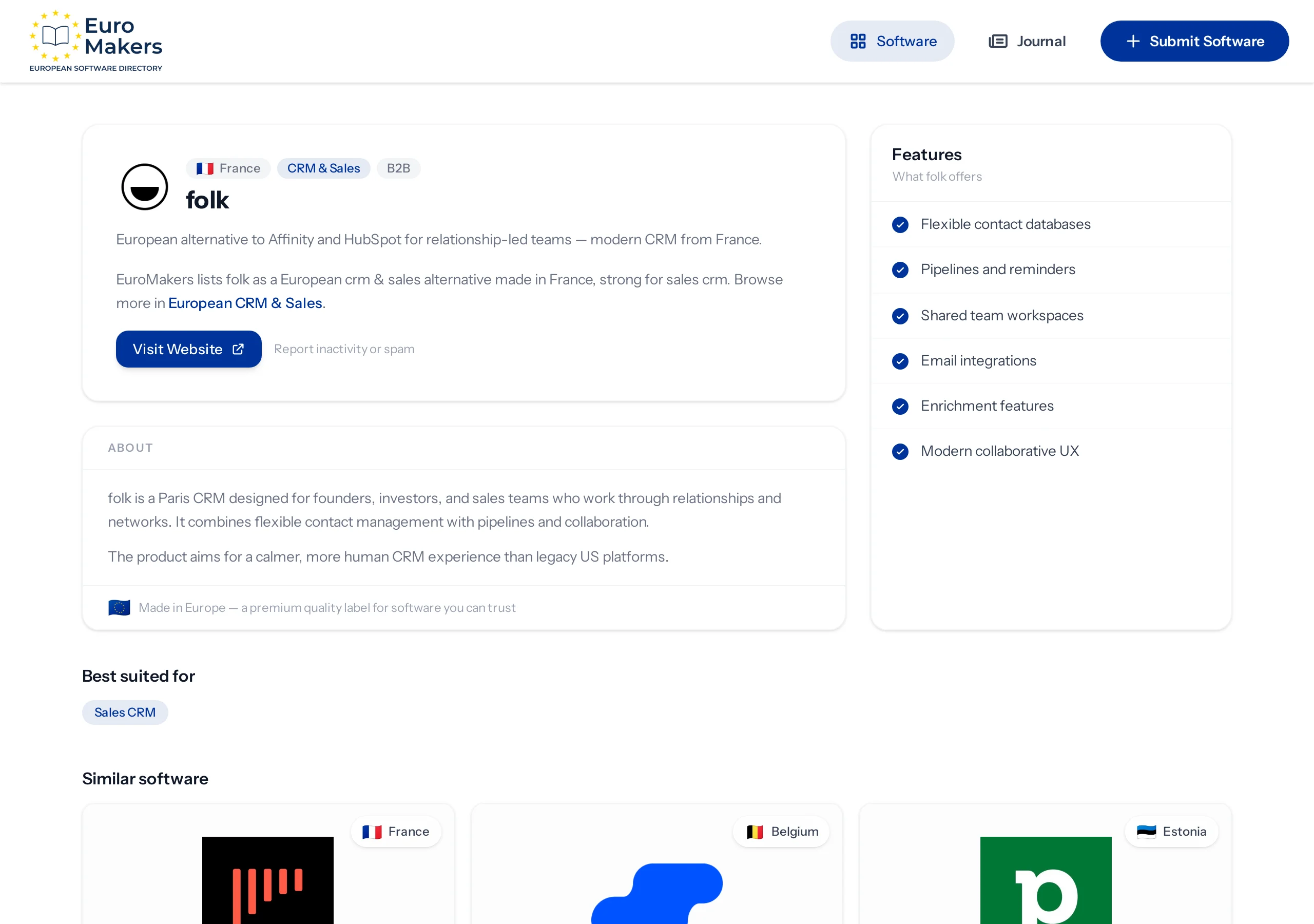 Screenshot of a French relationship CRM listing page in the software directory