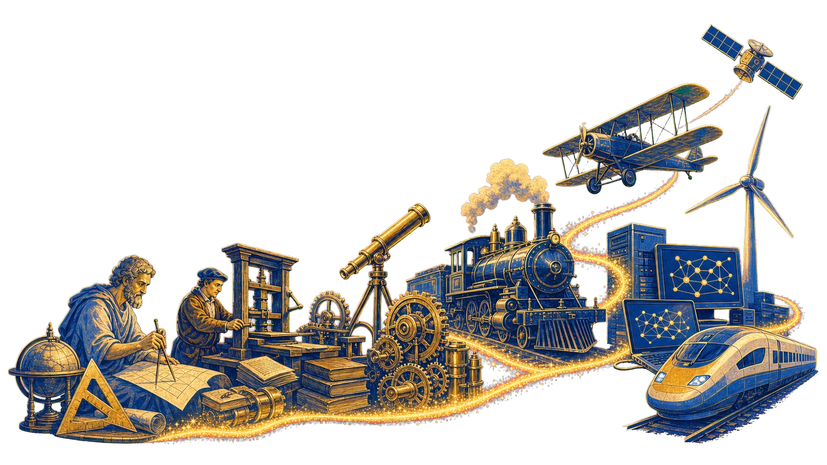 A foreground illustration tracing European ideas from geometry and printing through rail, aviation, computing, and clean energy