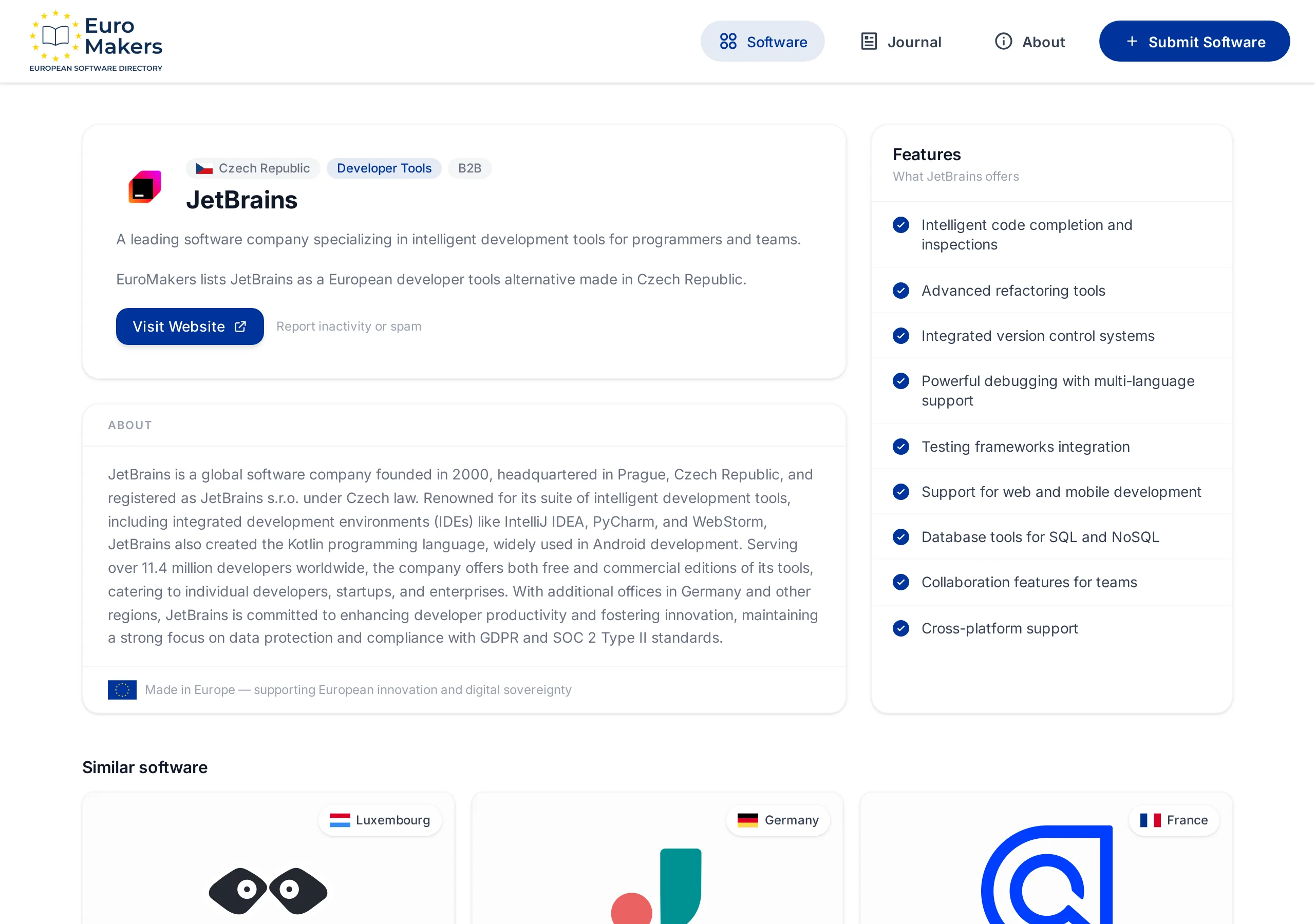 Screenshot of the JetBrains listing page showing the company description, features, and Czech Republic as country of origin