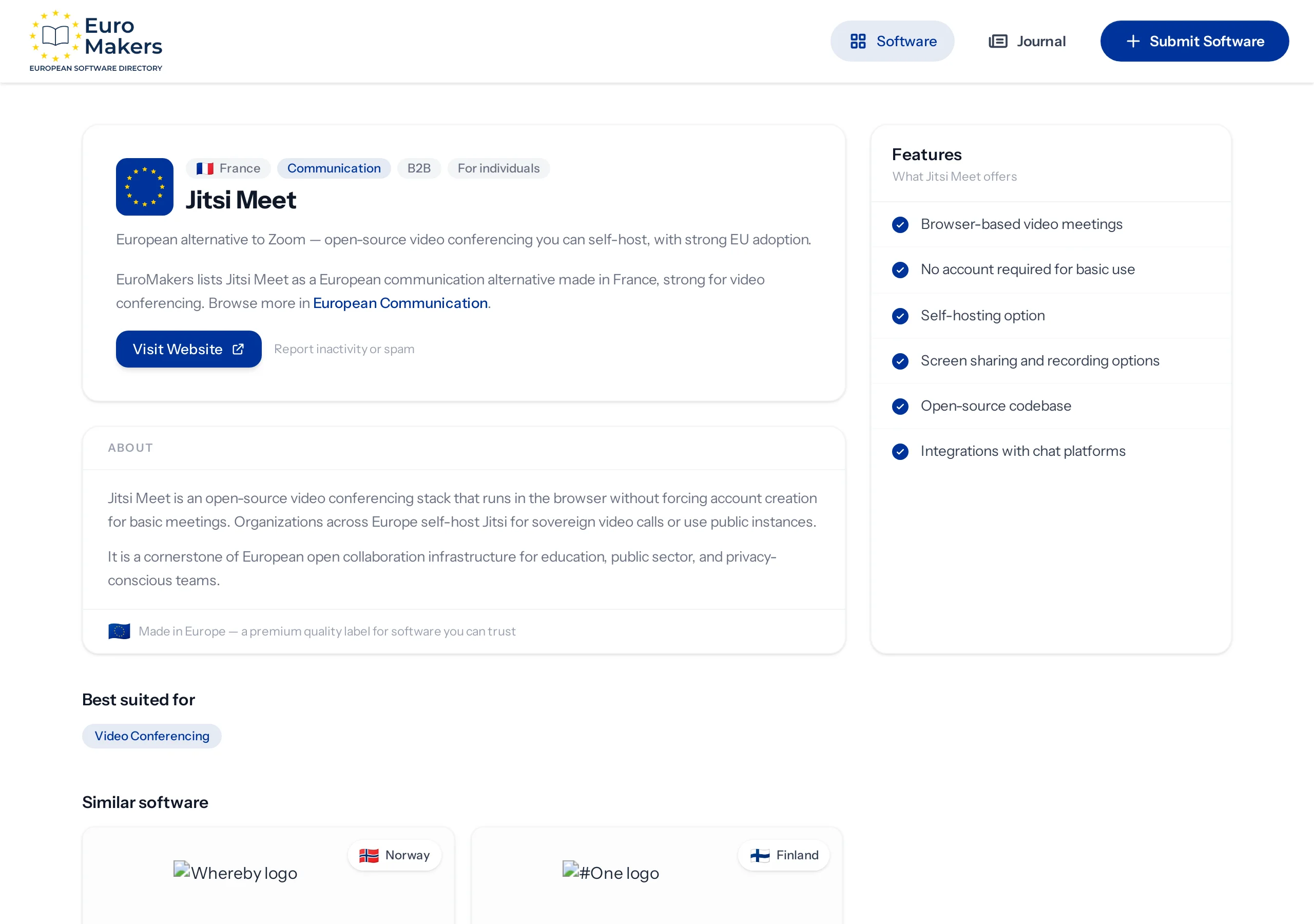 Screenshot of a European open-source video meeting listing page in the software directory
