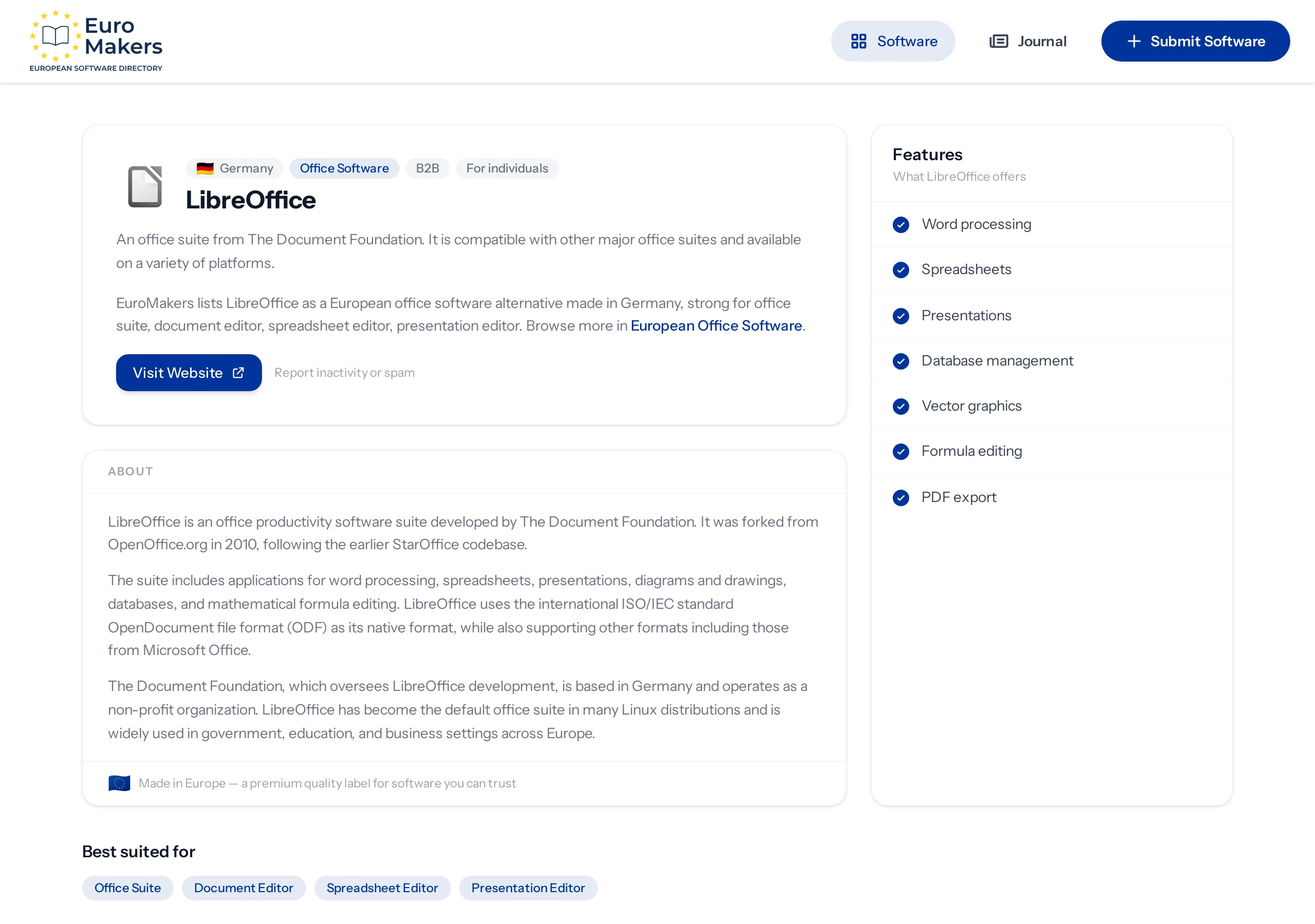 Screenshot of a European open desktop office suite listing page in the software directory