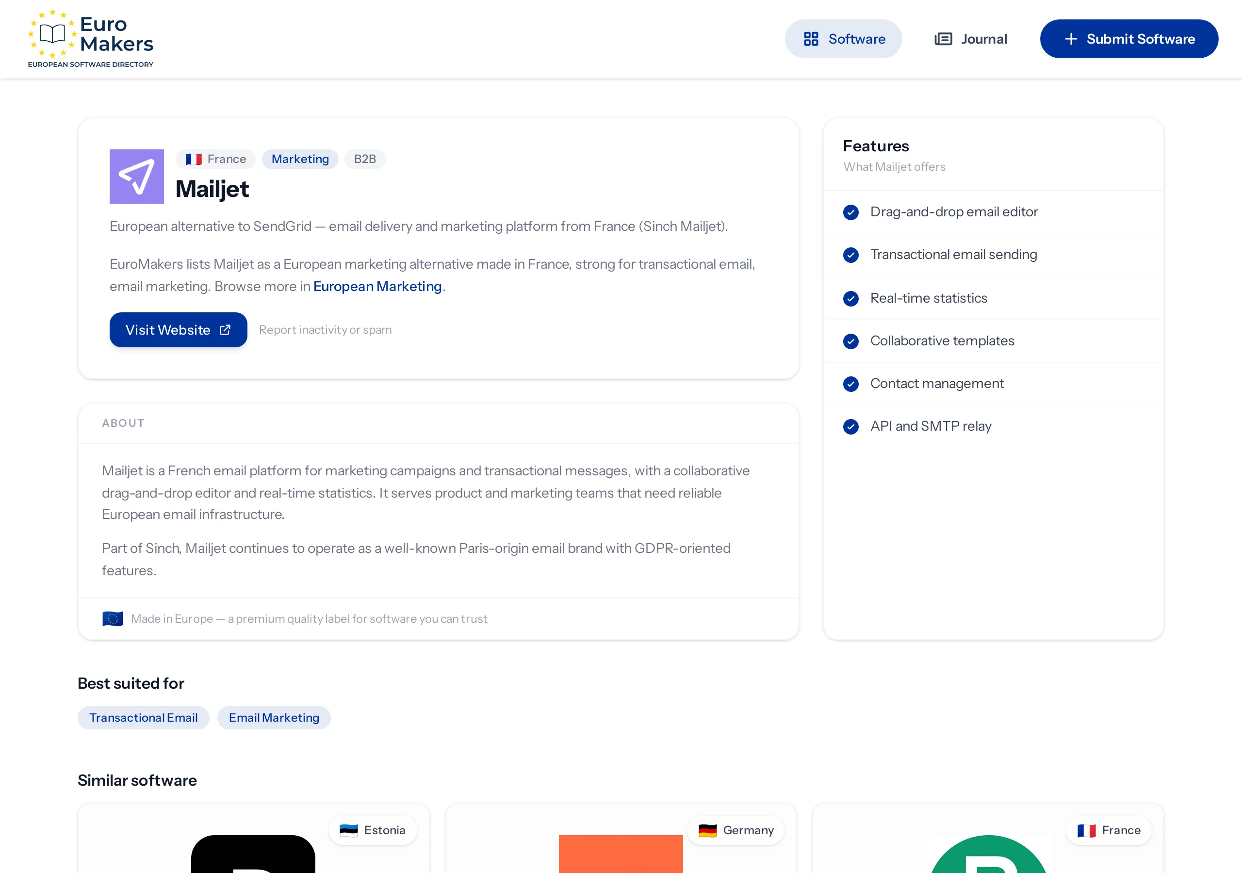 Screenshot of a French email delivery platform listing page in the software directory
