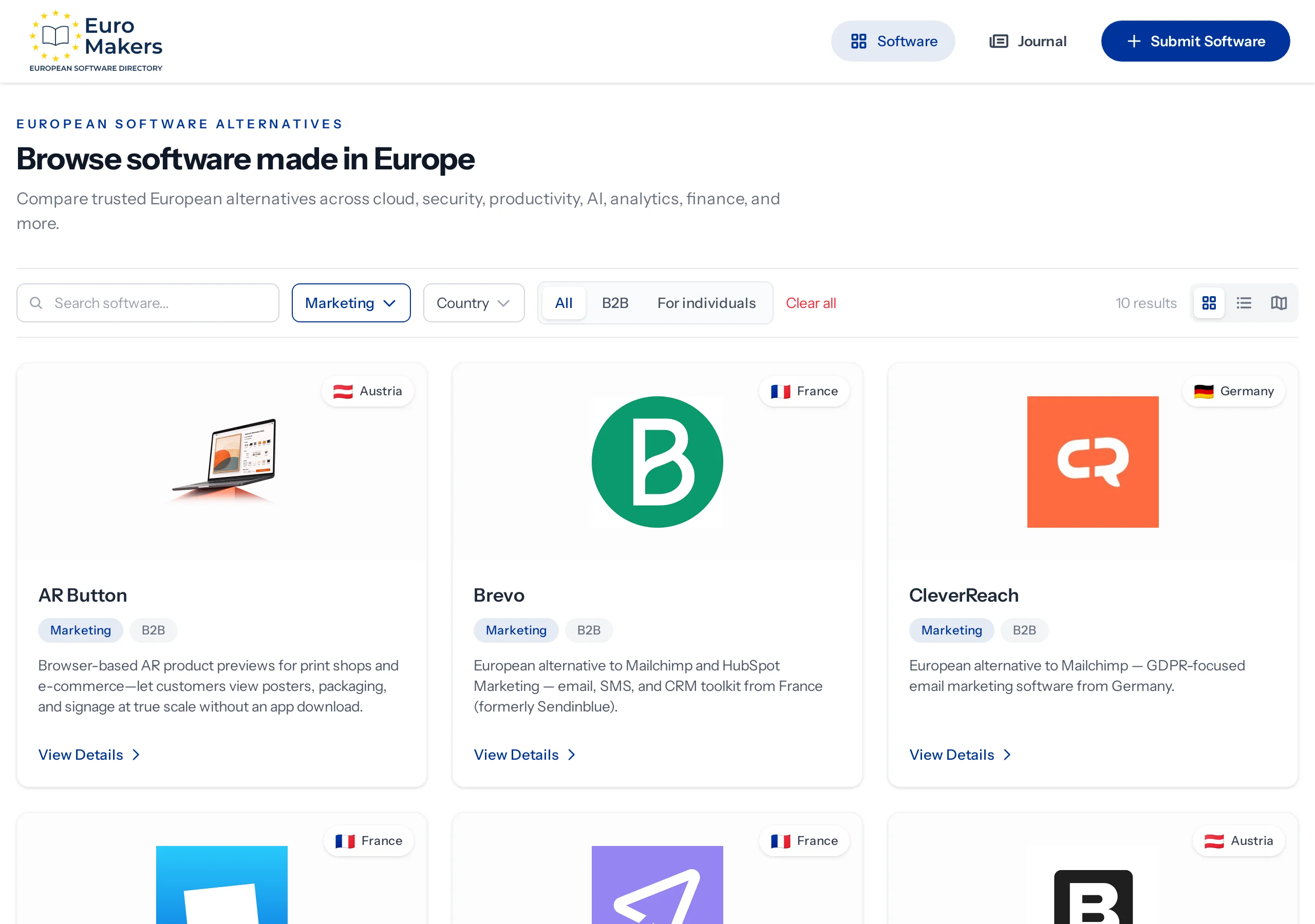 Screenshot of the Marketing category in the software directory showing European marketing tools