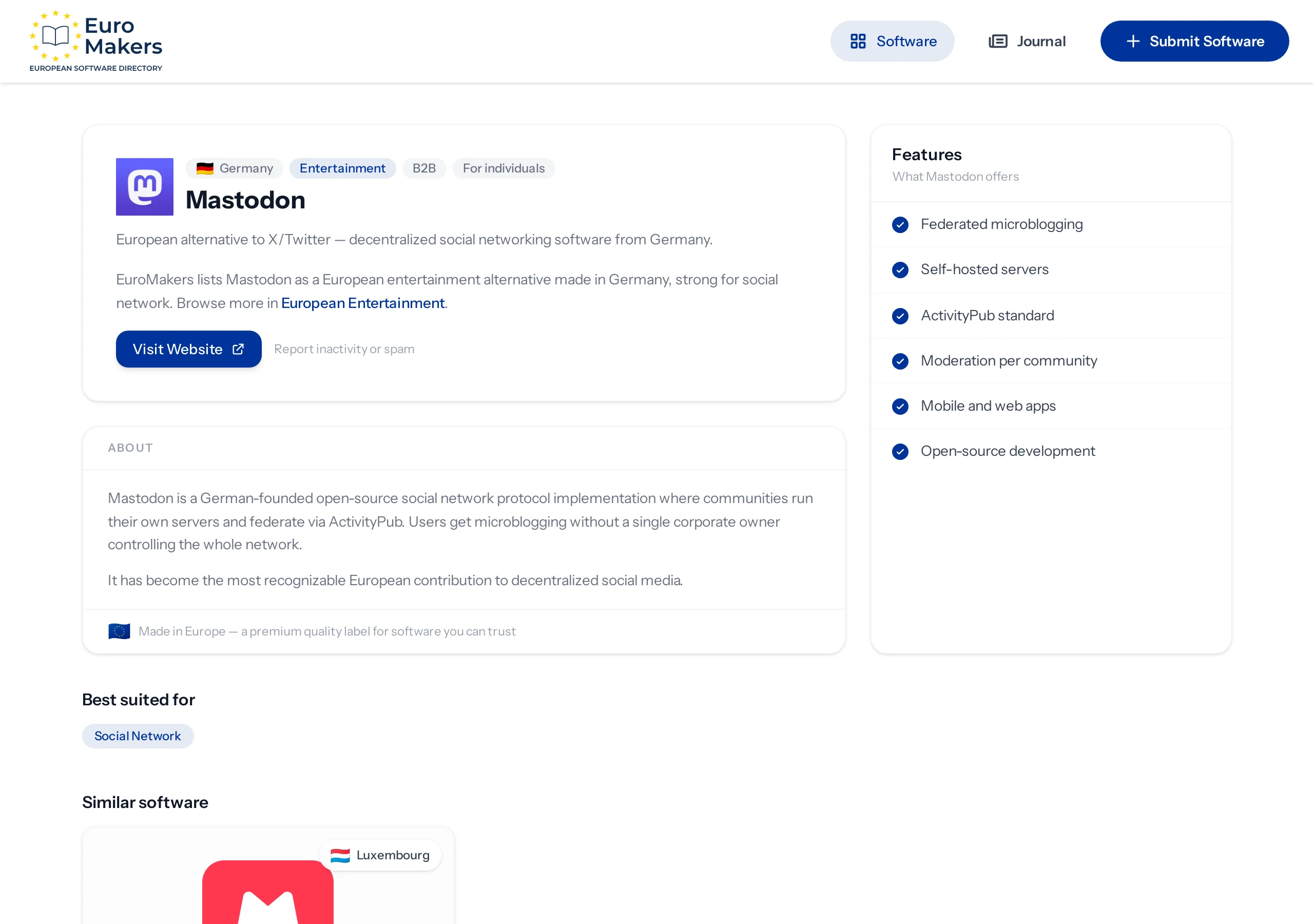 Screenshot of the Mastodon listing page in the software directory showing the German federated public square