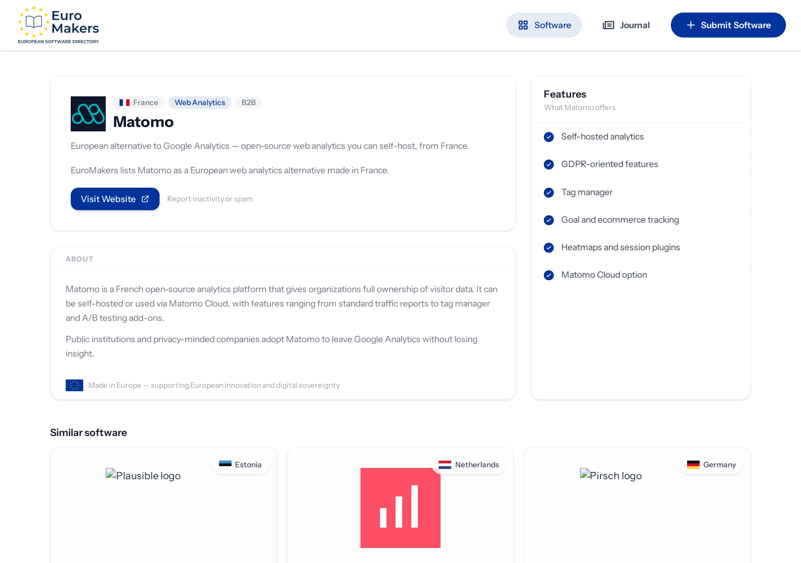 Screenshot of a French open-source analytics listing page in the software directory, highlighting self-hosted and cloud options