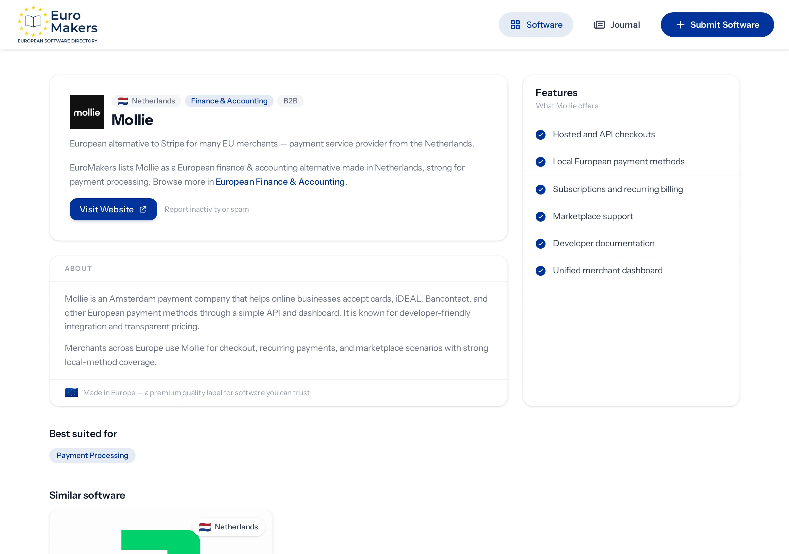 Screenshot of a Dutch payment provider listing page in the software directory
