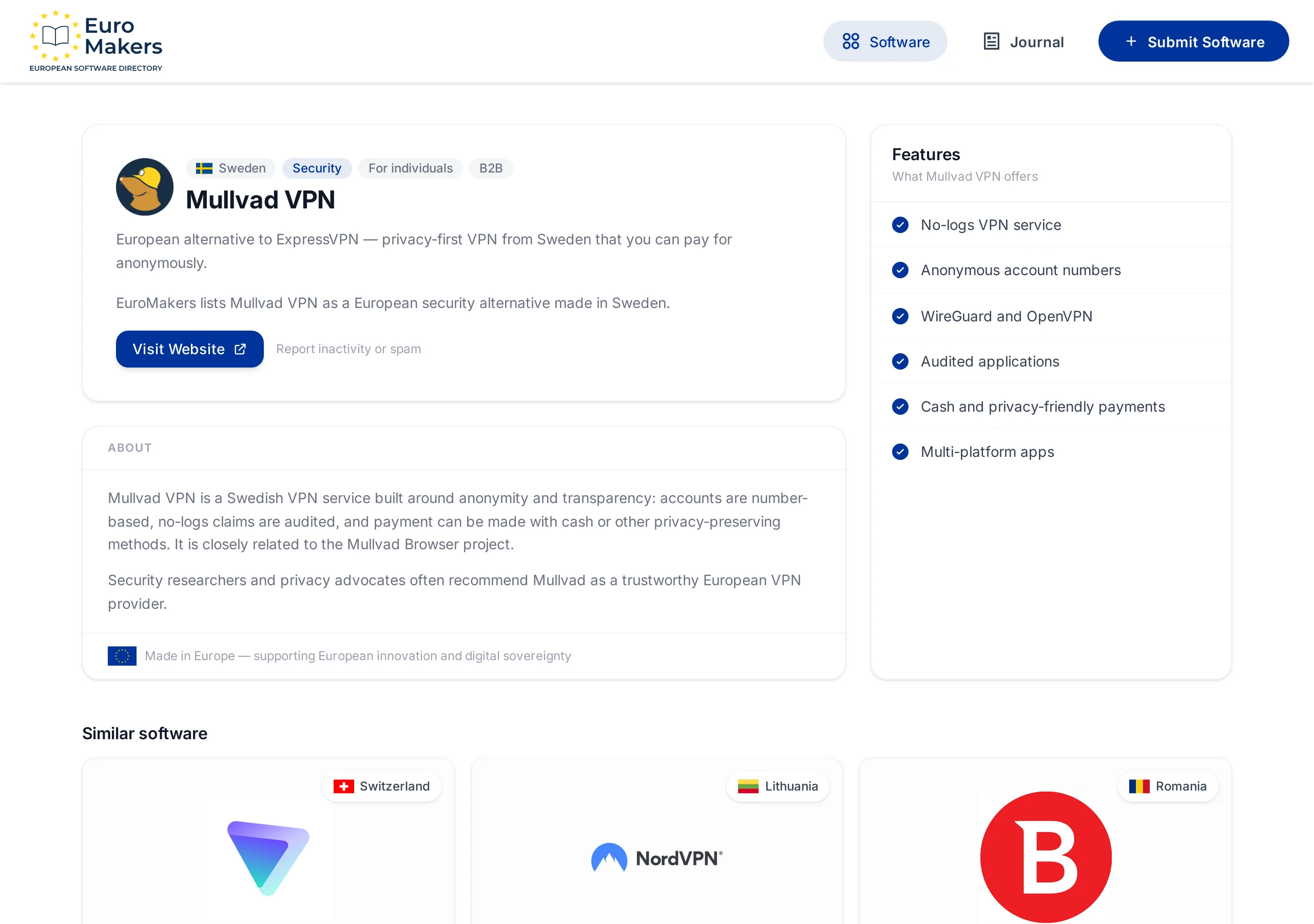 Screenshot of the Mullvad VPN listing page showing the company description, features, and Sweden as country of origin