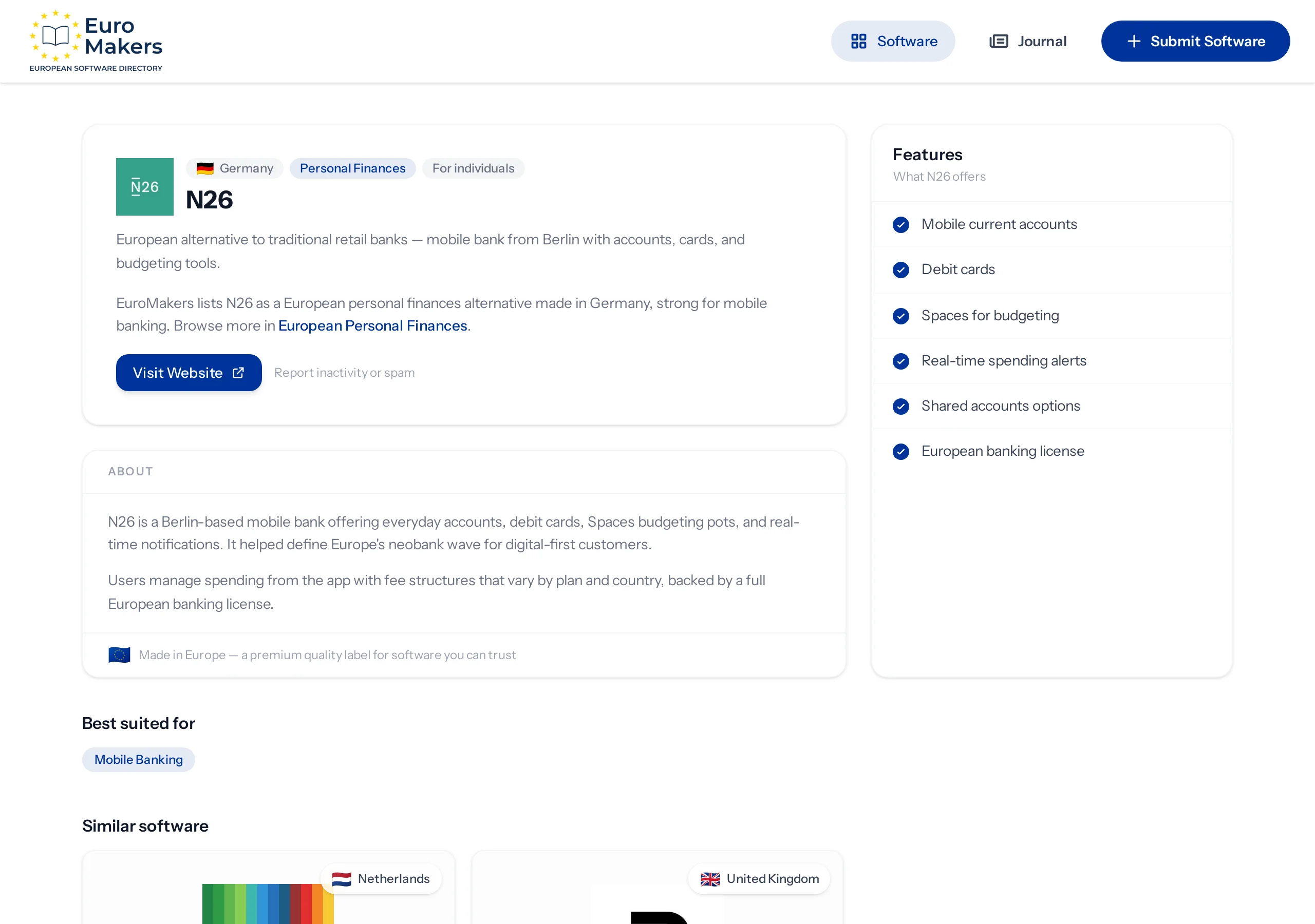 Screenshot of the N26 listing page in the software directory showing the Berlin mobile bank