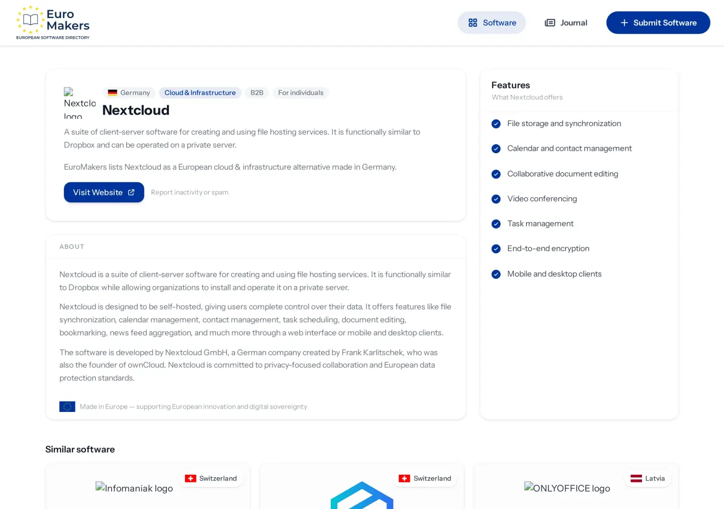 Screenshot of the Nextcloud listing page showing the company description, features, and Germany as country of origin