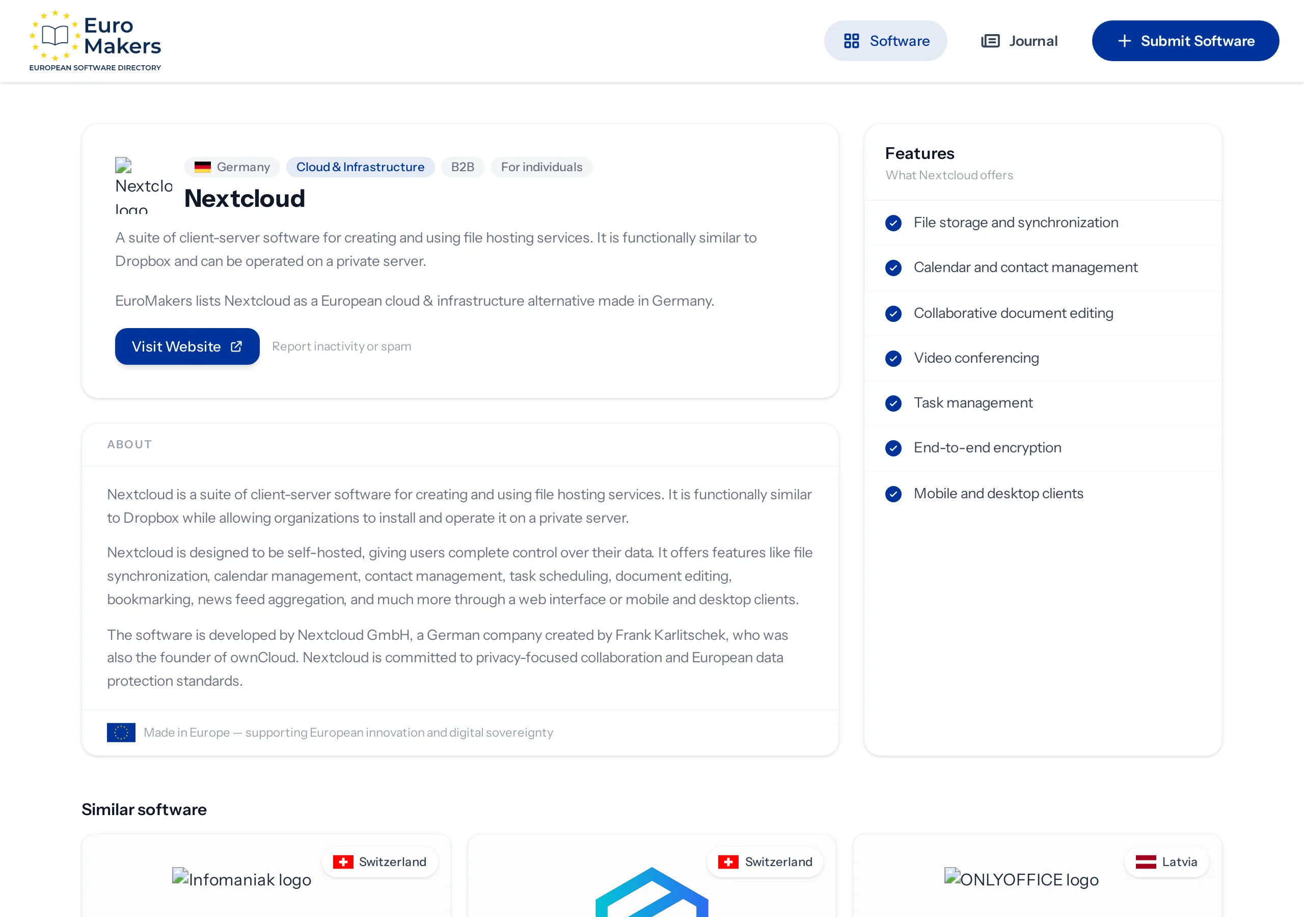 Screenshot of the Nextcloud listing page showing the company description, features, and Germany as country of origin