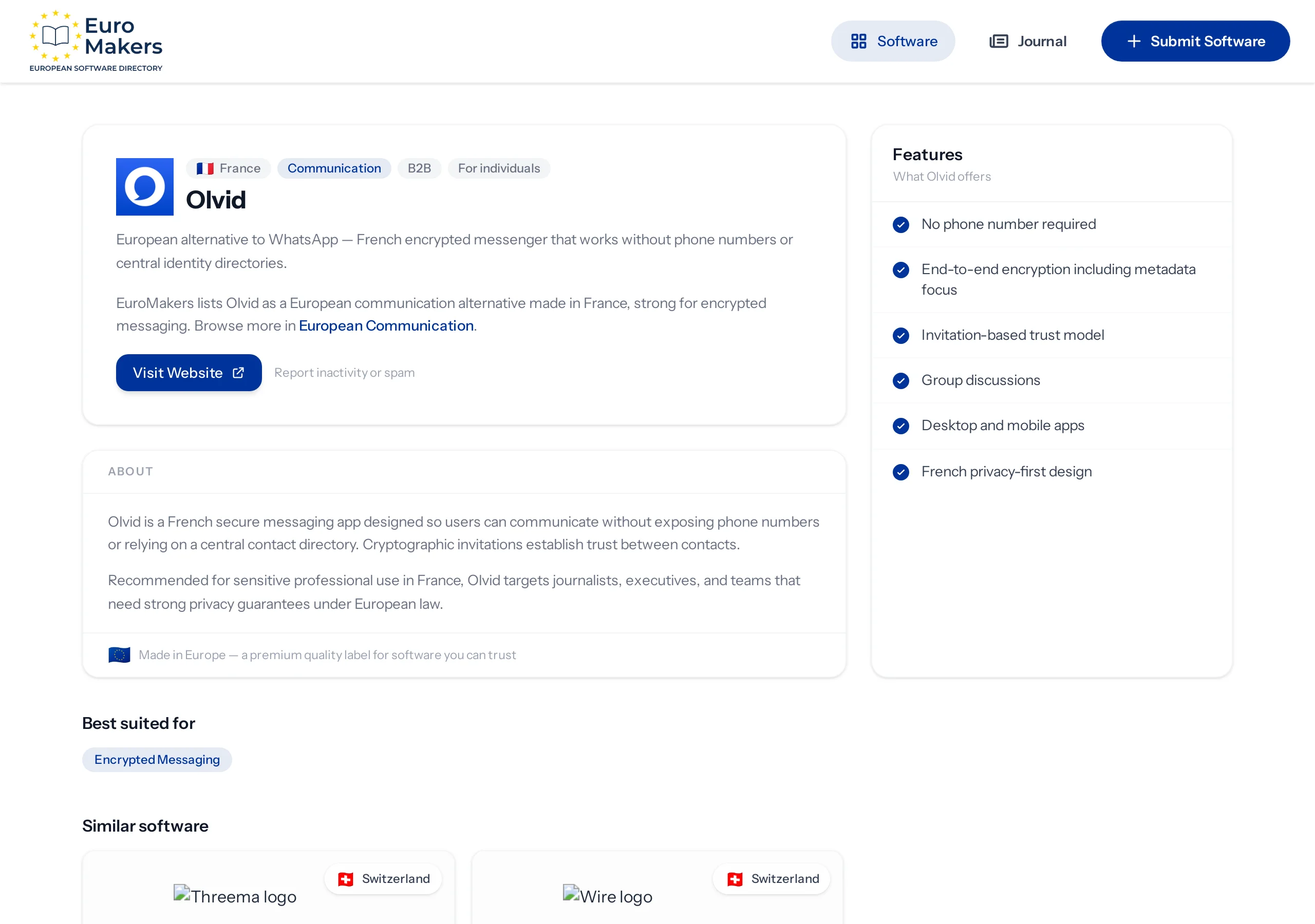 Screenshot of a French encrypted messenger listing page in the software directory