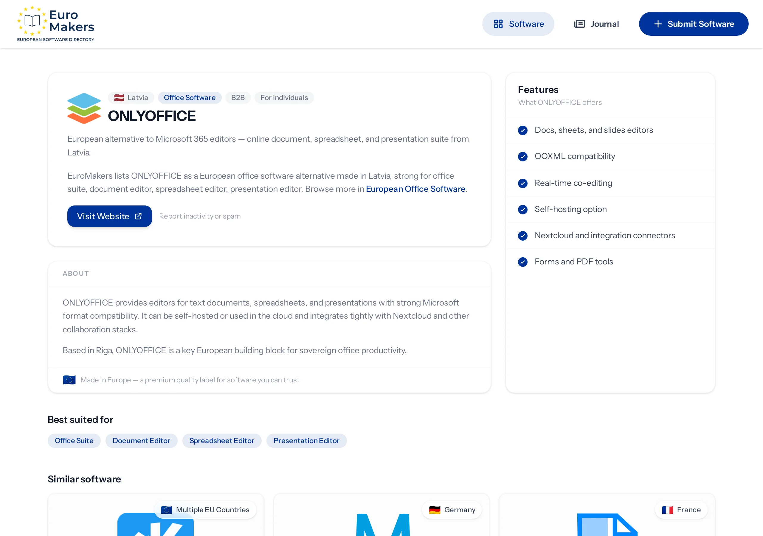 Screenshot of a Latvian online office suite listing page in the software directory