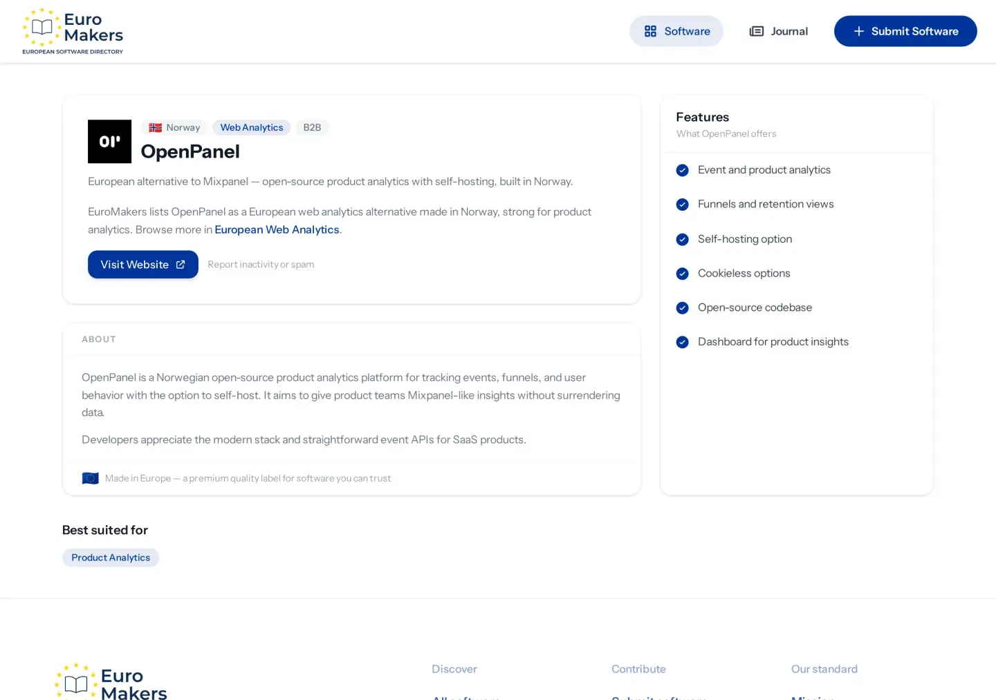 Screenshot of a Norwegian open-source product analytics listing page in the software directory, highlighting funnels and self-hosting