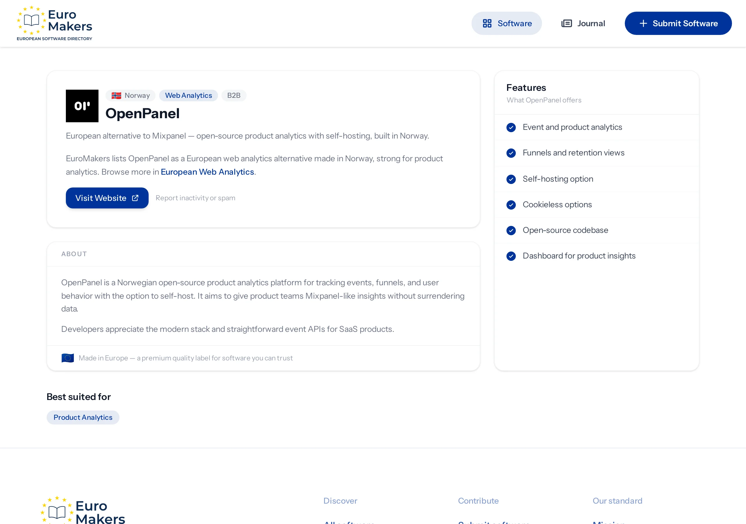 Screenshot of a Norwegian open-source product analytics listing page in the software directory, highlighting funnels and self-hosting