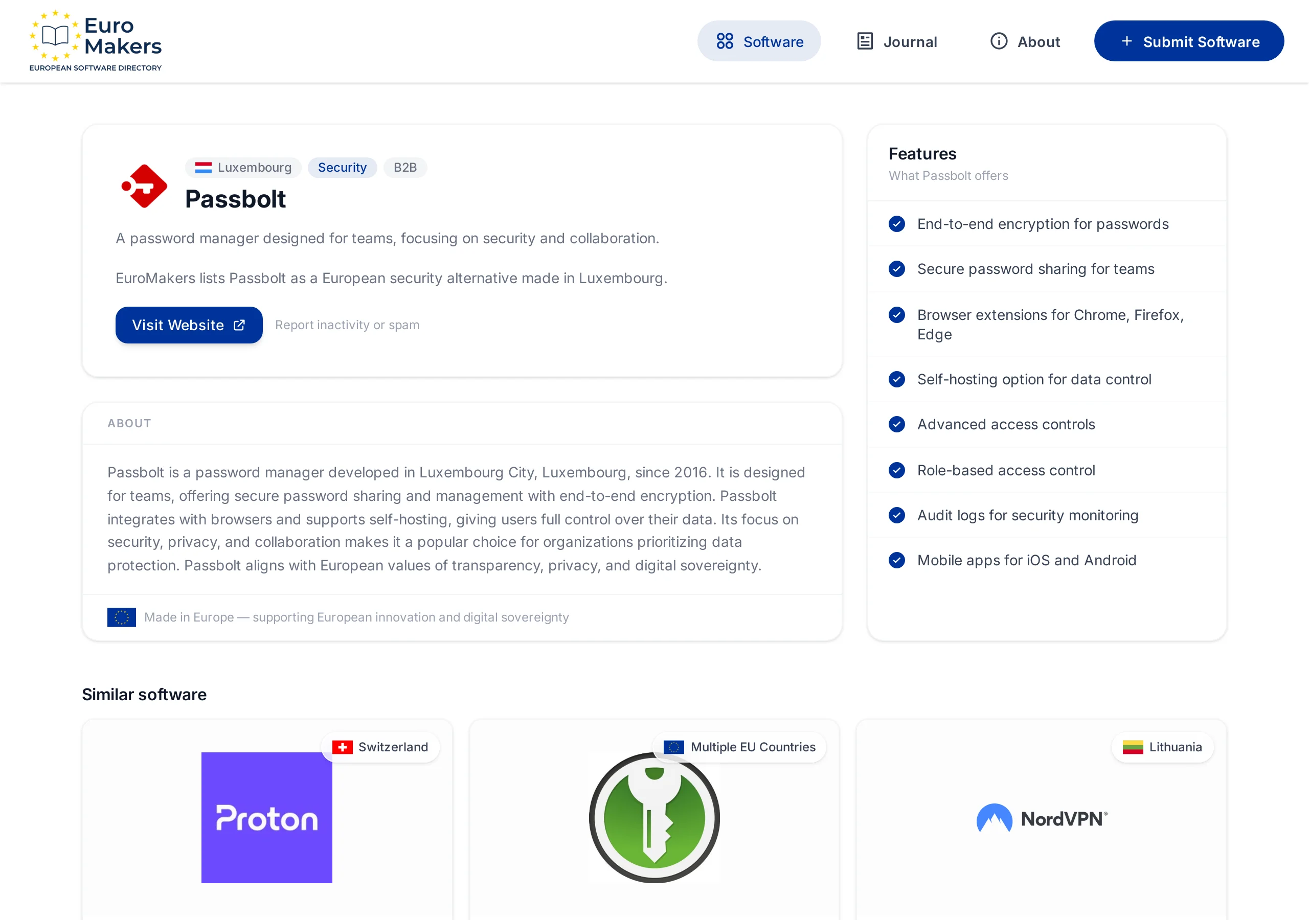 Screenshot of the Passbolt listing page showing the company description, features, and Luxembourg as country of origin