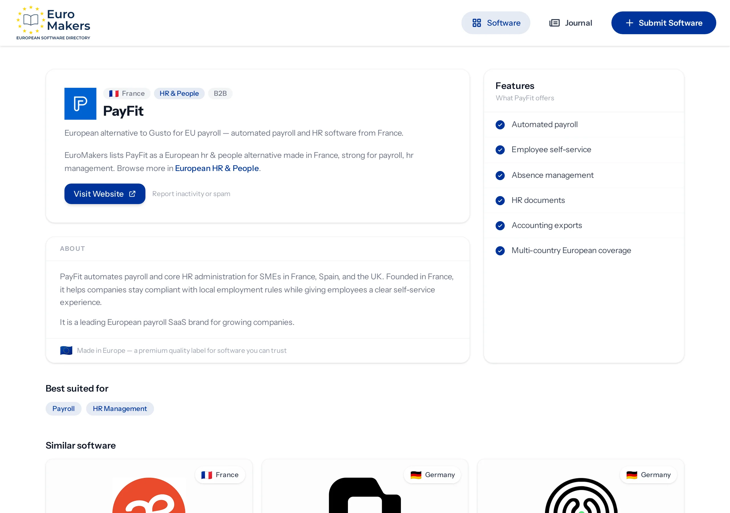 Screenshot of the PayFit listing page in the software directory showing the French automated payroll craft