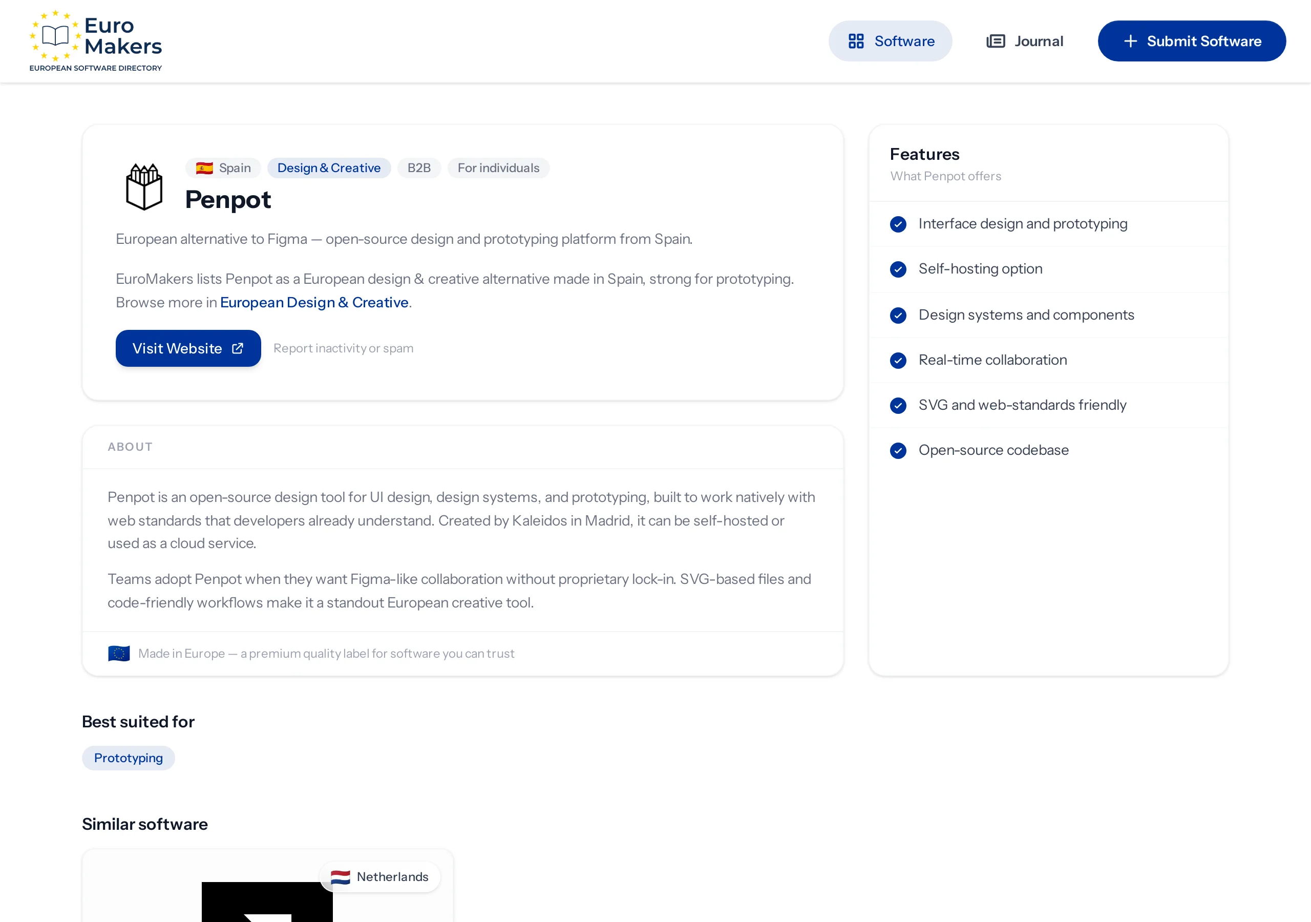 Screenshot of a Spanish open design and prototyping listing page in the software directory