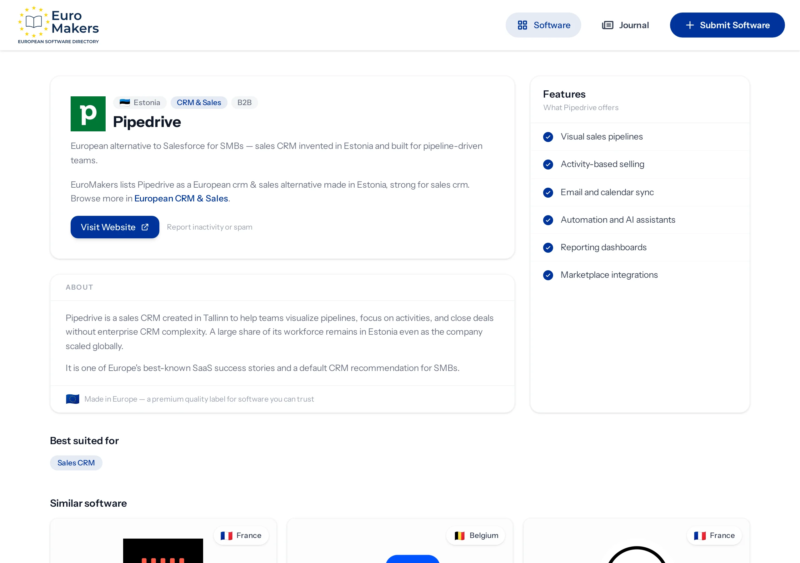 Screenshot of a European sales CRM listing page in the software directory