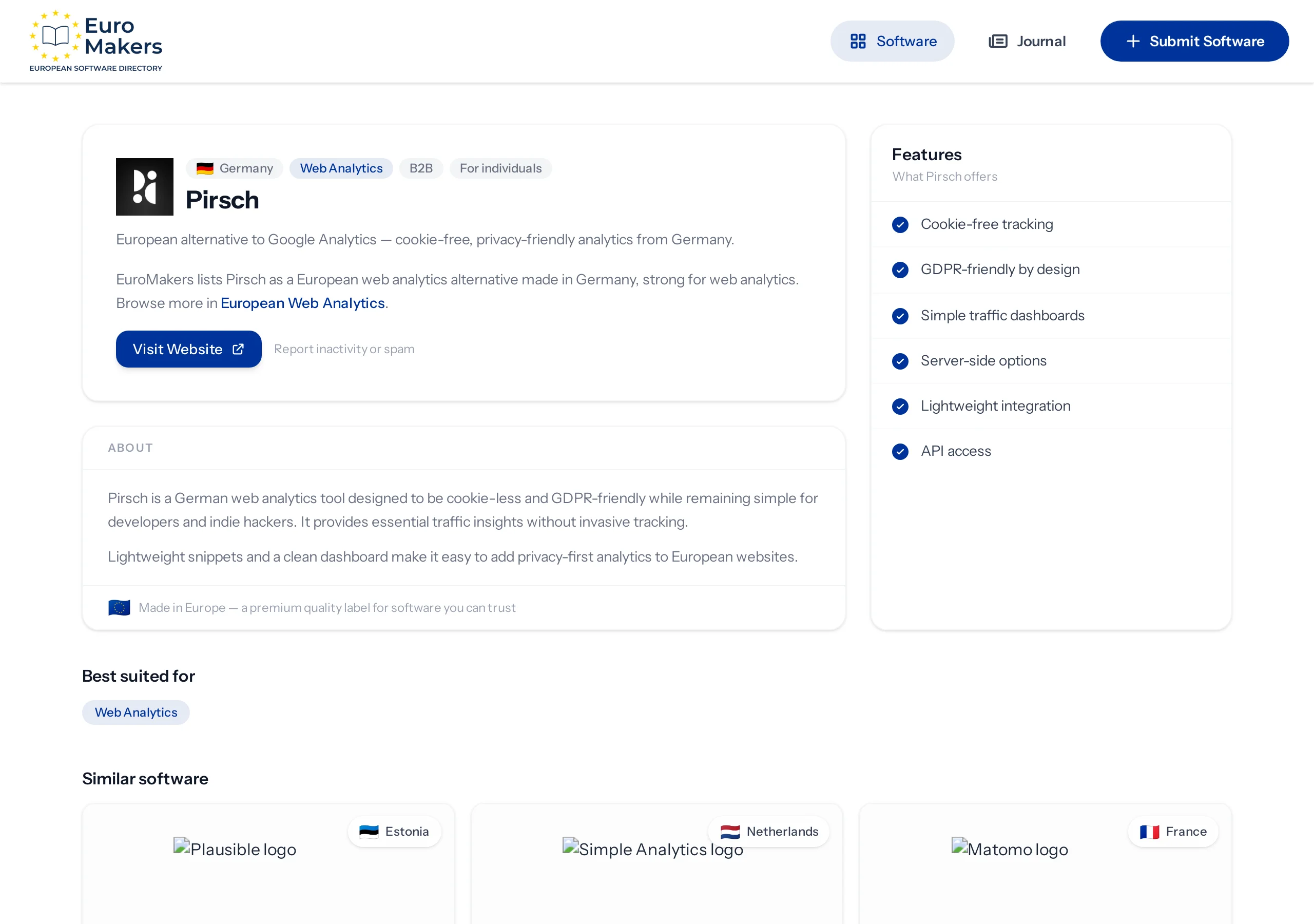 Screenshot of a German cookie-free analytics listing page in the software directory, with description, features, and similar tools