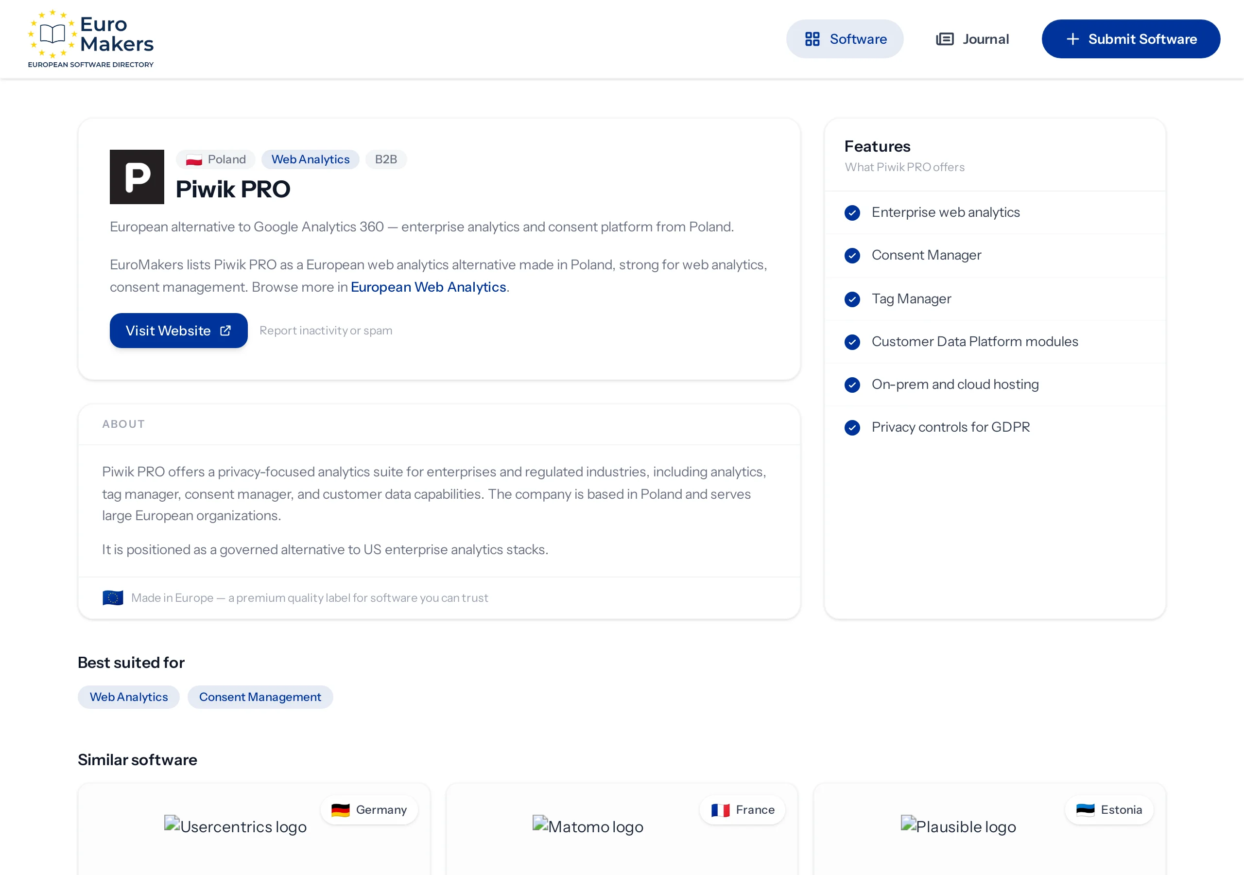 Screenshot of a Polish analytics and consent platform listing page in the software directory, with features for larger organisations