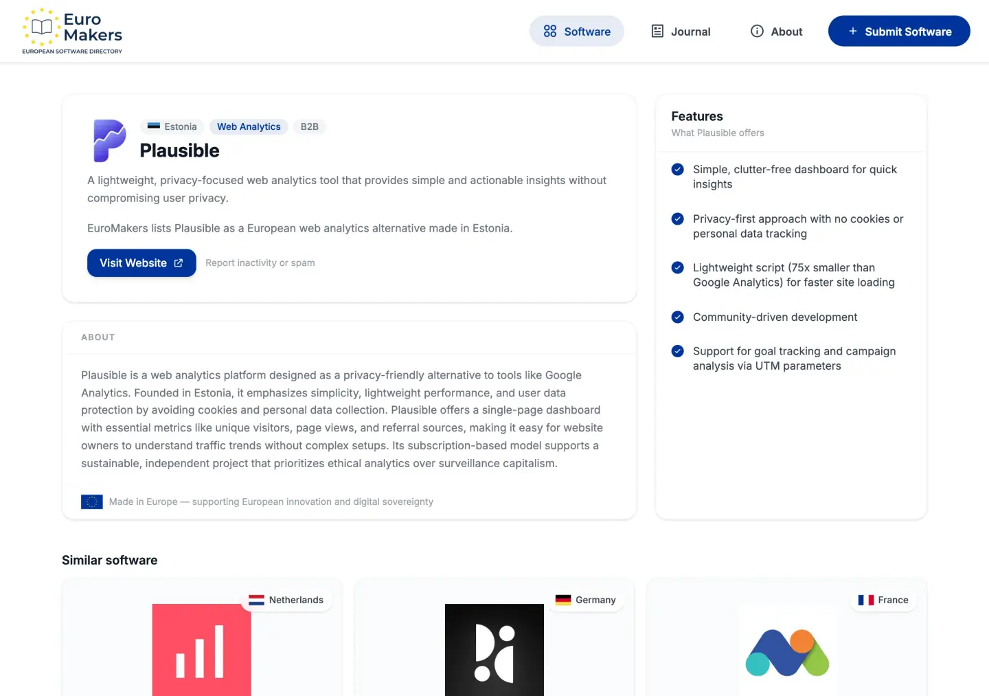 Screenshot of a European web analytics listing page in the software directory, with description, features, and similar tools