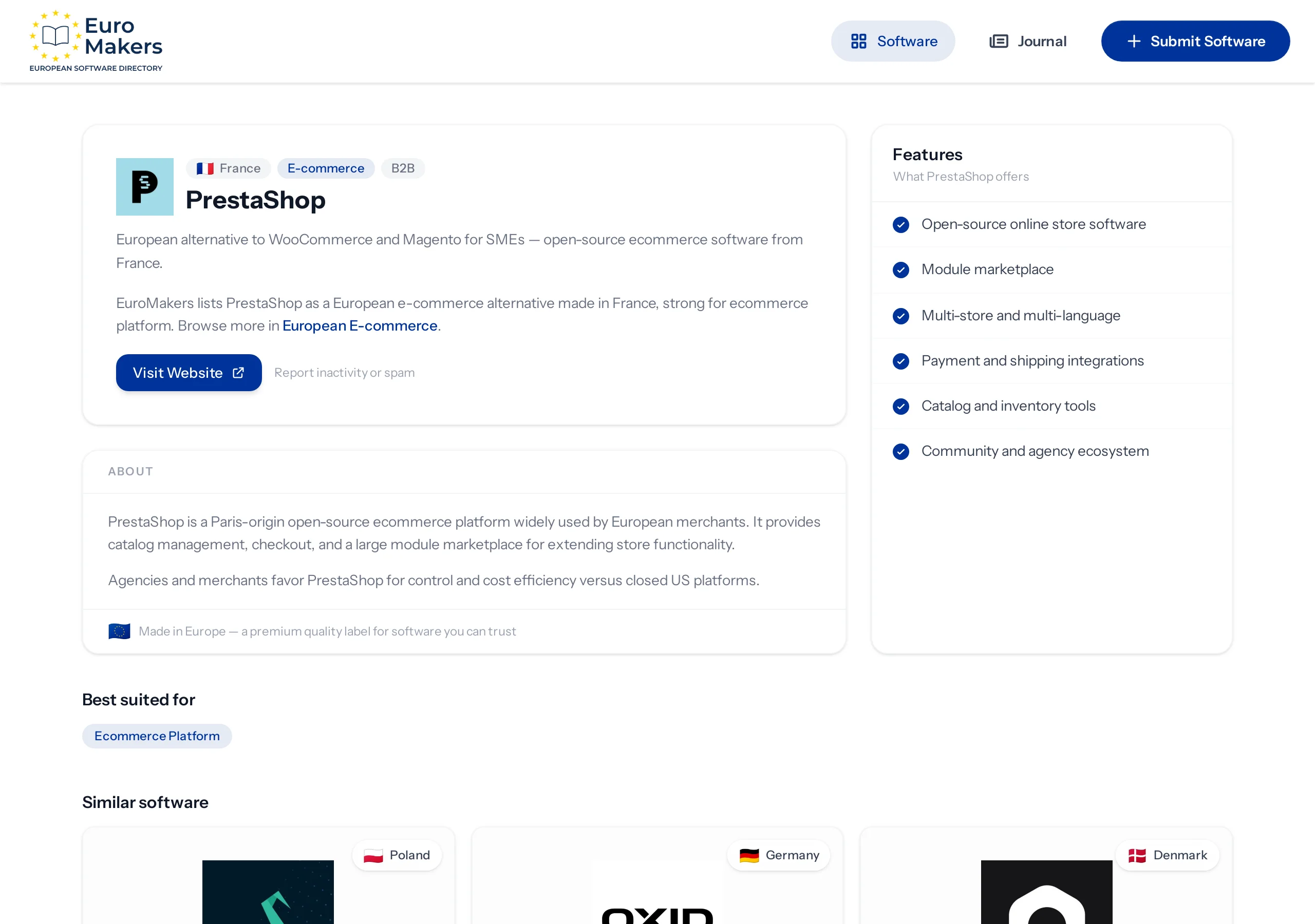 Screenshot of the PrestaShop listing page in the software directory showing the French open-source SME store