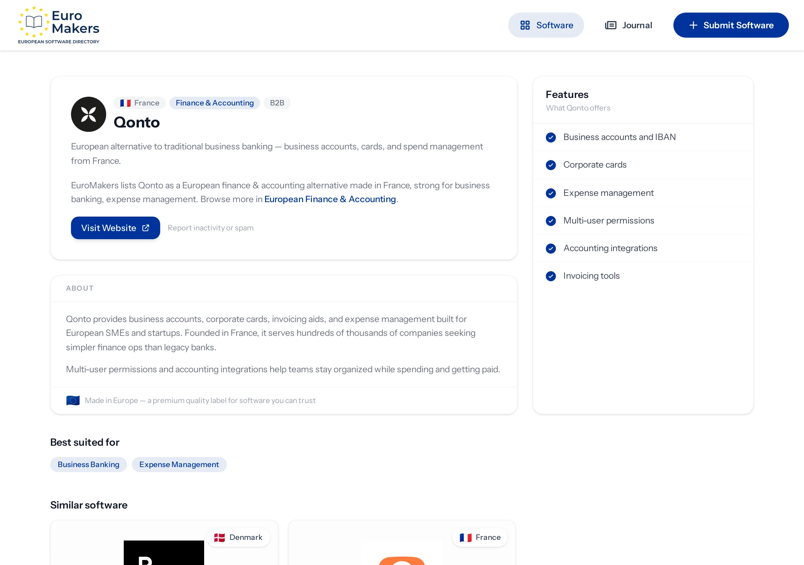 Screenshot of a French business banking listing page in the software directory