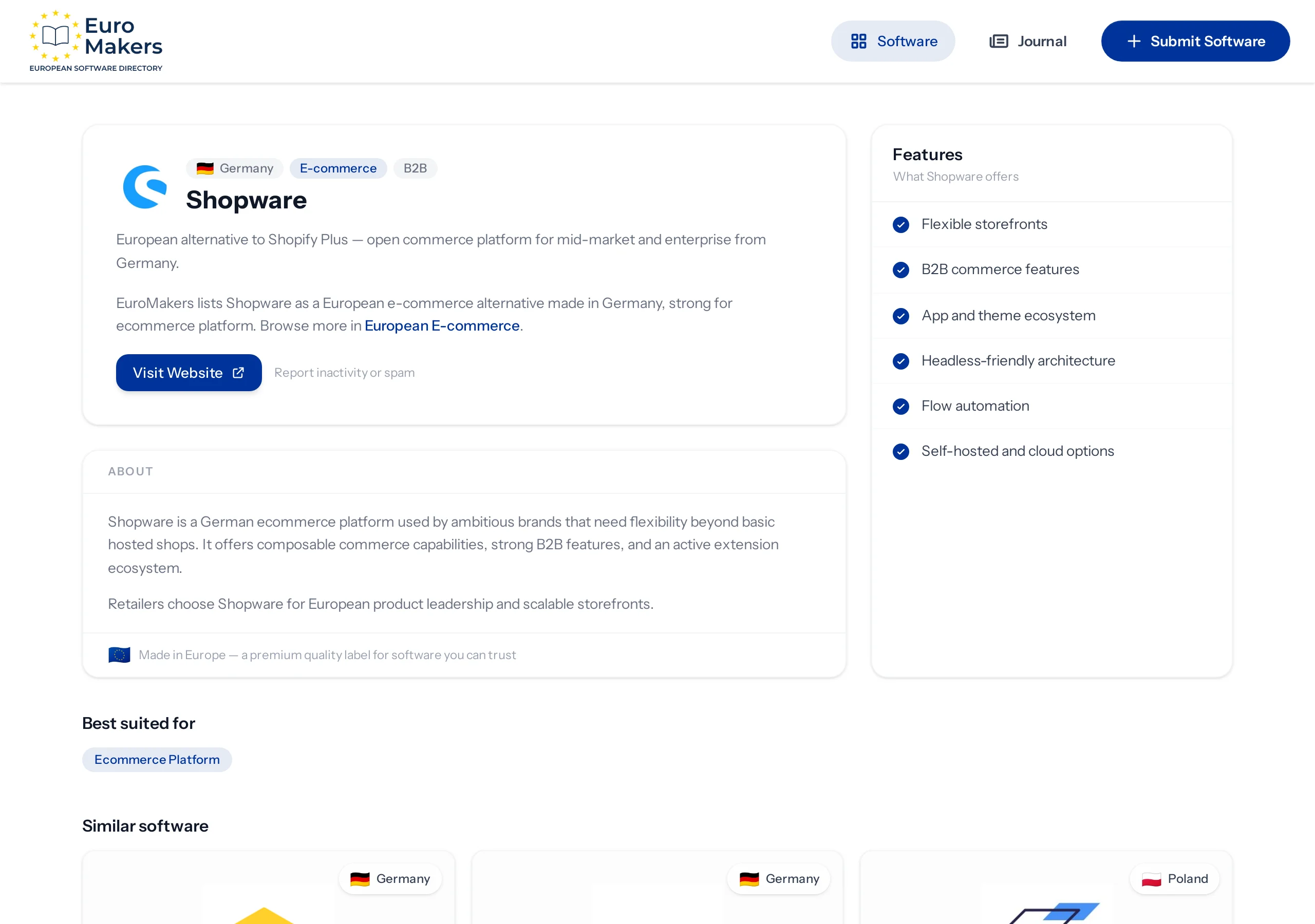 Screenshot of the Shopware listing page in the software directory showing the German commerce house