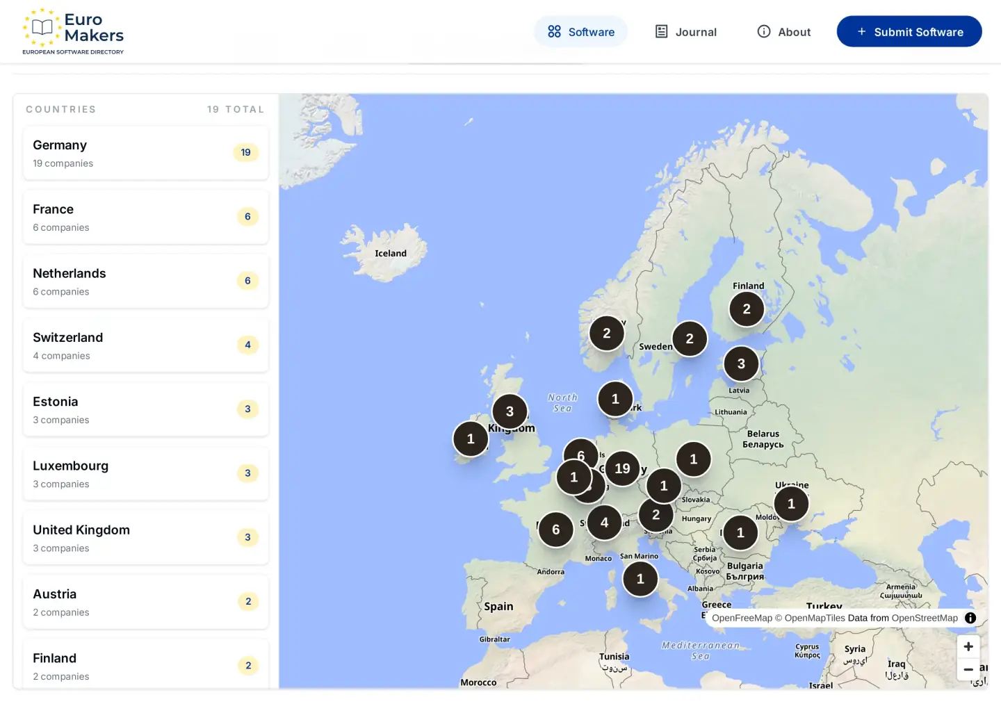 Screenshot of the map view showing European software makers plotted across the continent