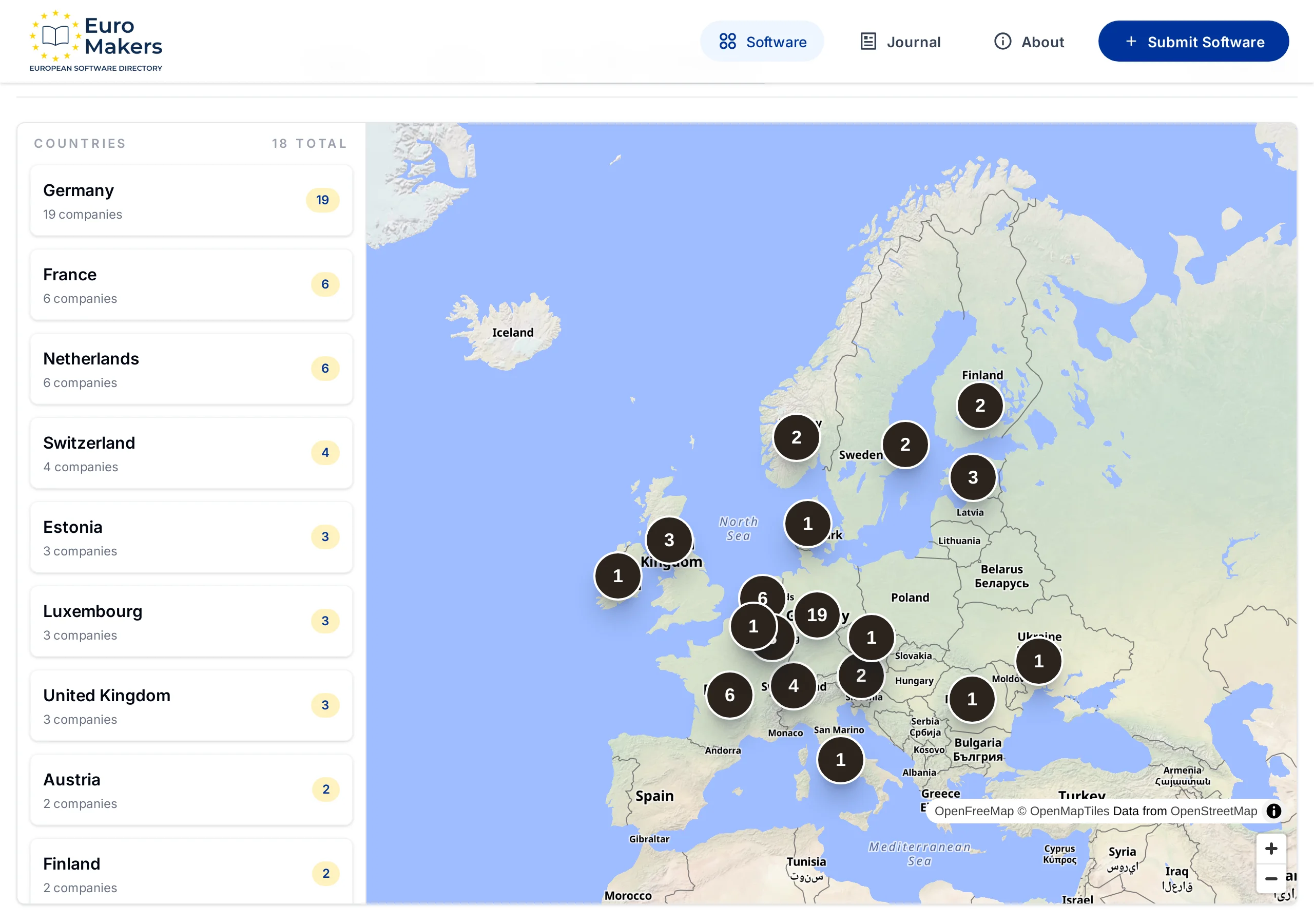 Screenshot of the map view showing European software makers plotted across the continent