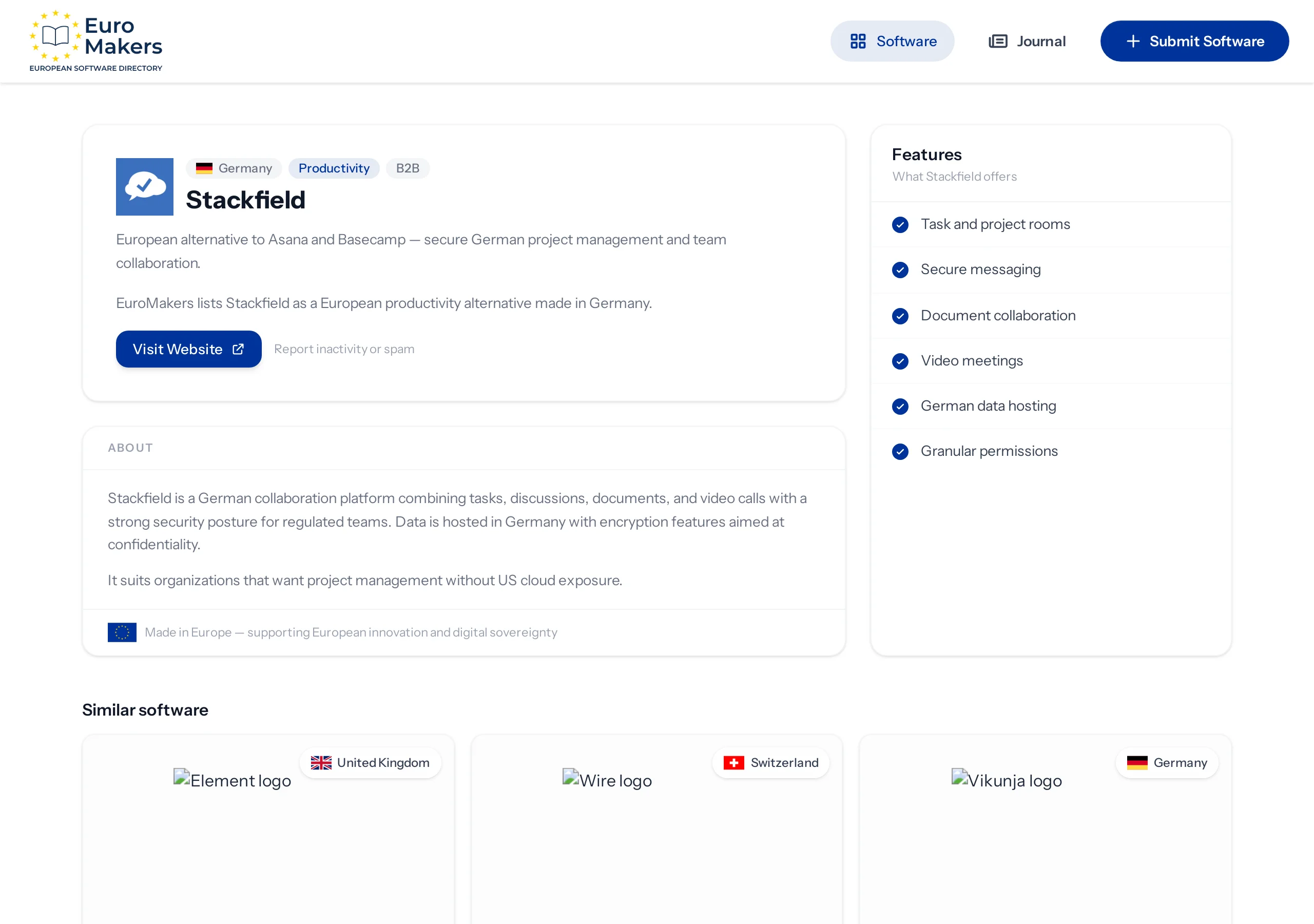 Screenshot of the Stackfield listing page showing the company description, features, and Germany as country of origin