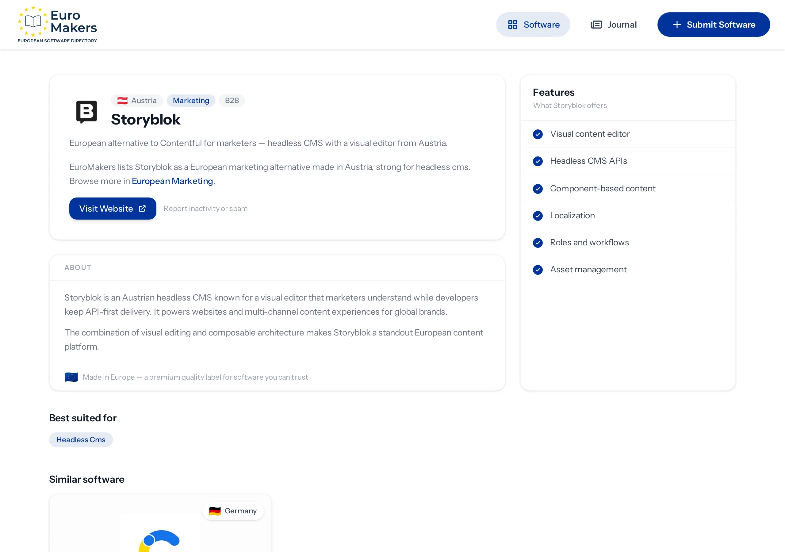 Screenshot of an Austrian headless CMS listing page in the software directory