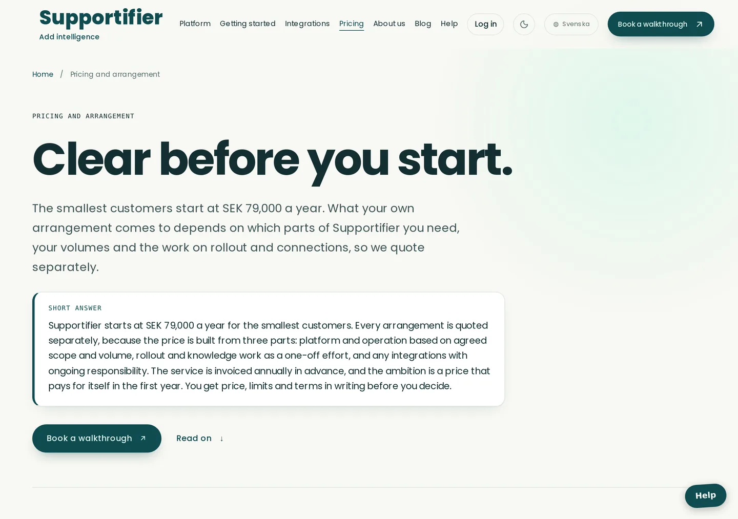 Supportifier pricing page: from SEK 79,000 a year, three parts — platform and operation, rollout and knowledge work, integrations