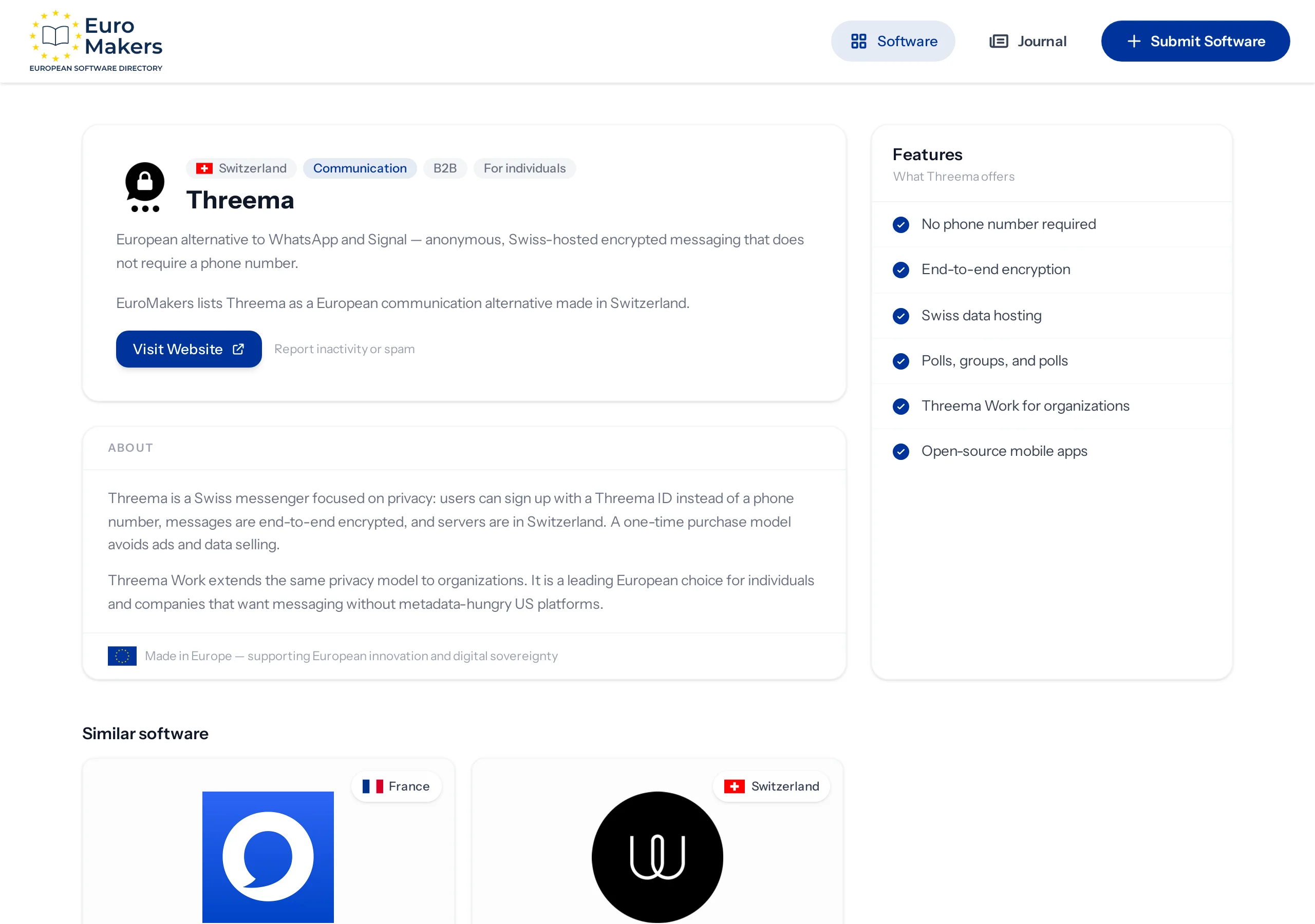 Screenshot of a European encrypted messenger listing page in the software directory
