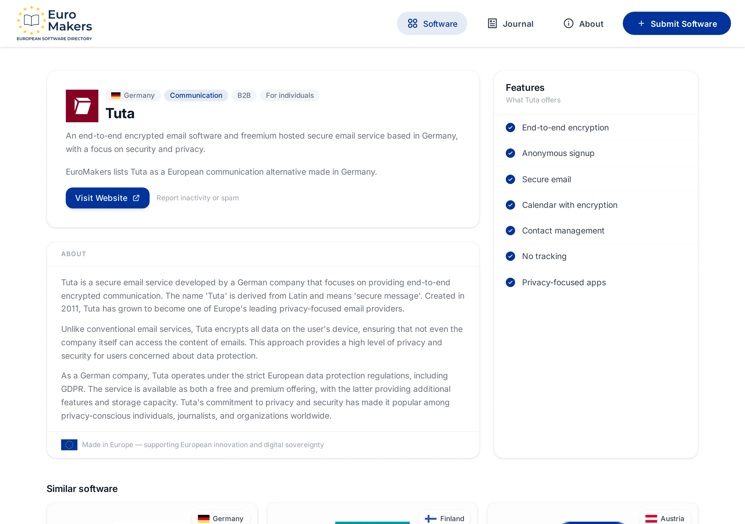 Screenshot of the Tuta listing page showing the company description, features, and Germany as country of origin
