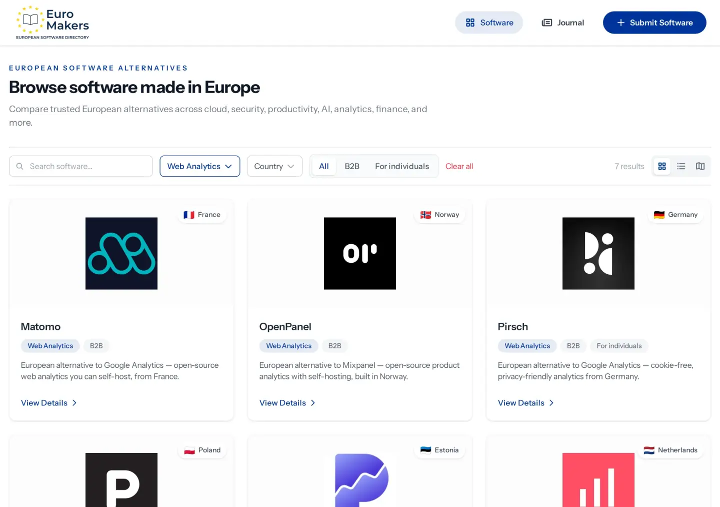 Screenshot of the software directory filtered to the Web Analytics category, showing European analytics listings side by side