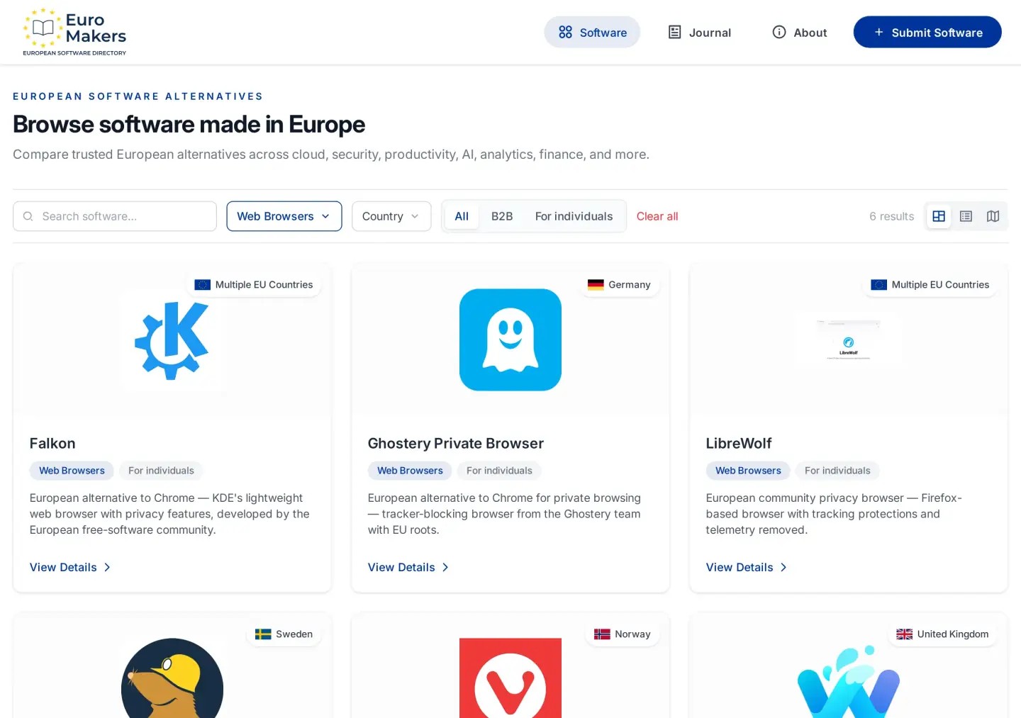 Screenshot of the Web Browsers category in the software directory showing European browser listings