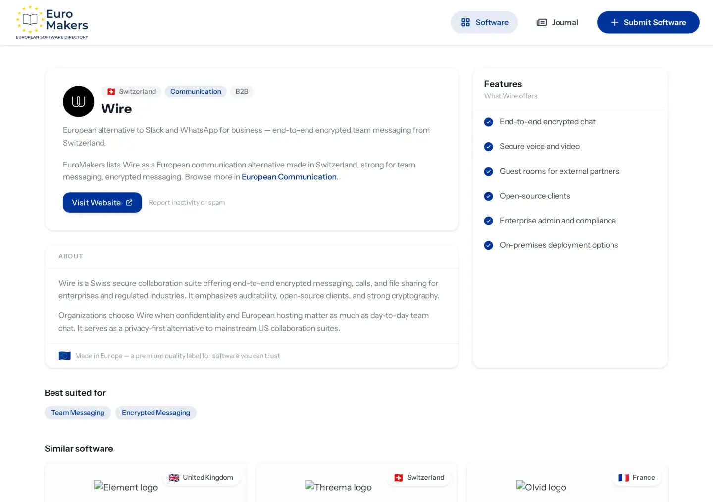 Screenshot of a Swiss encrypted team collaboration listing page in the software directory