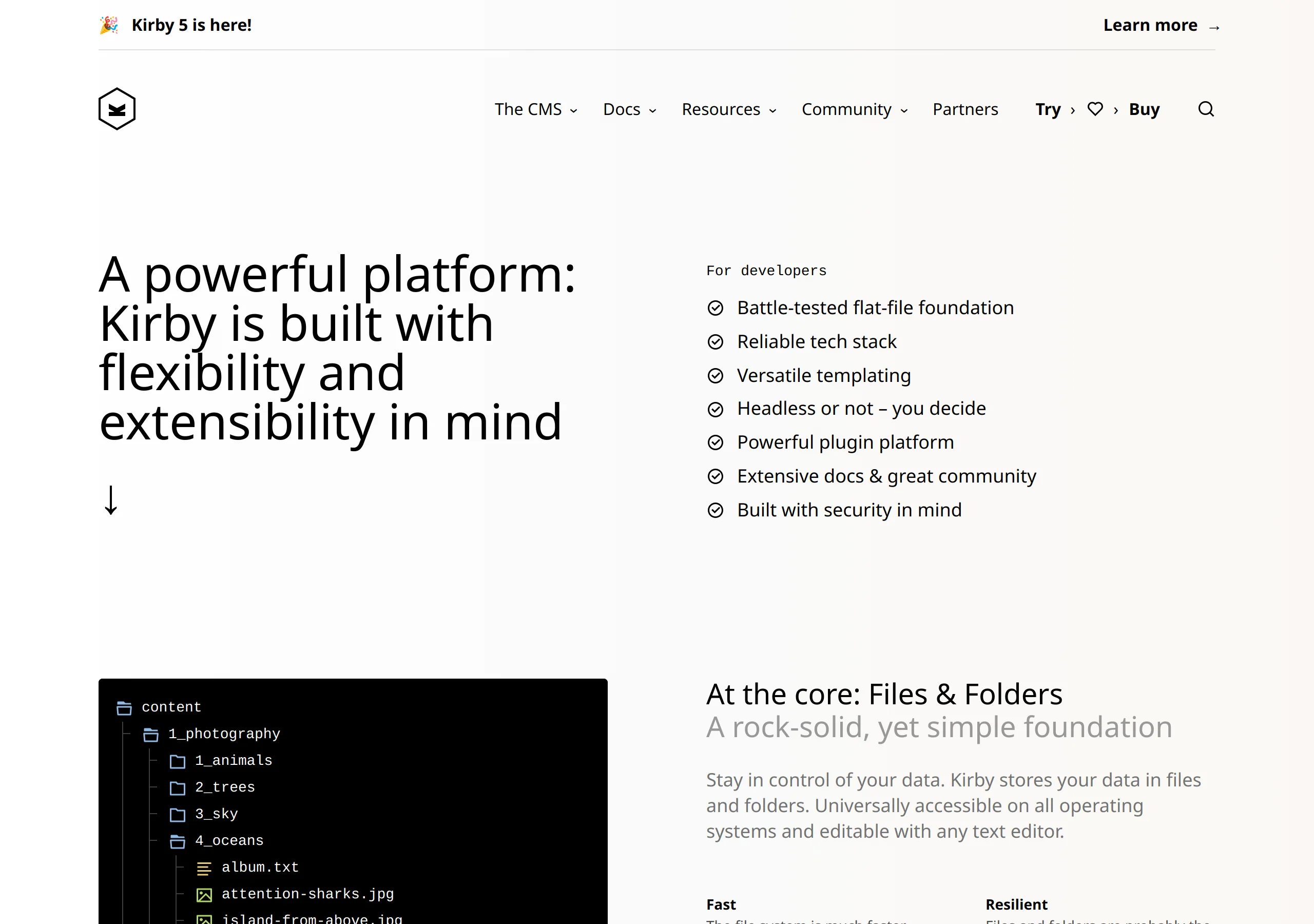 Kirby for-developers page showing a content folder tree with numbered photography albums, notes, and text files beside copy that the CMS stores data in files and folders