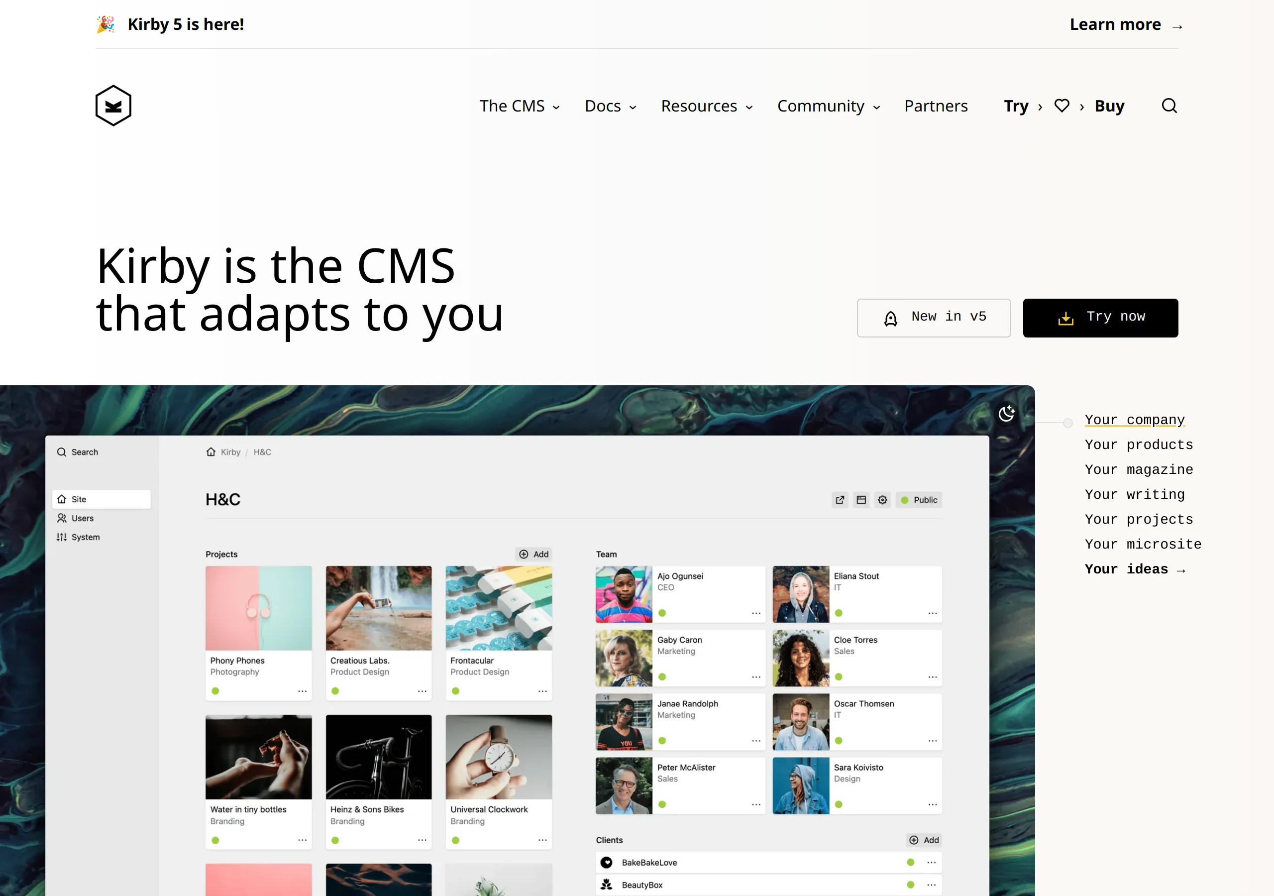Kirby CMS homepage: Kirby is the CMS that adapts to you, New in v5 and Try now, with a Panel showing projects, a team grid, and a Try now button