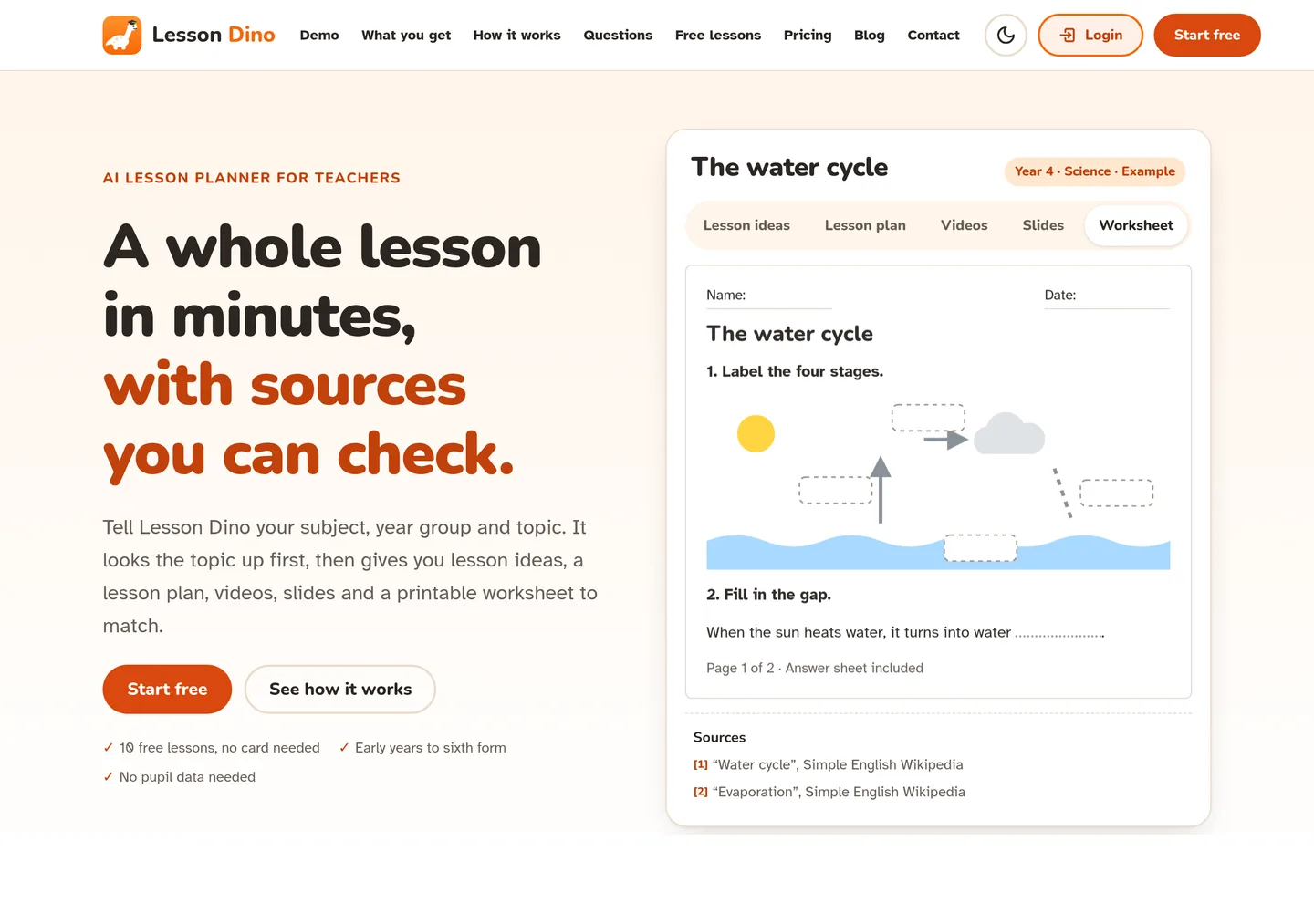 Lesson Dino homepage showing the water-cycle example worksheet with numbered sources citing Simple English Wikipedia