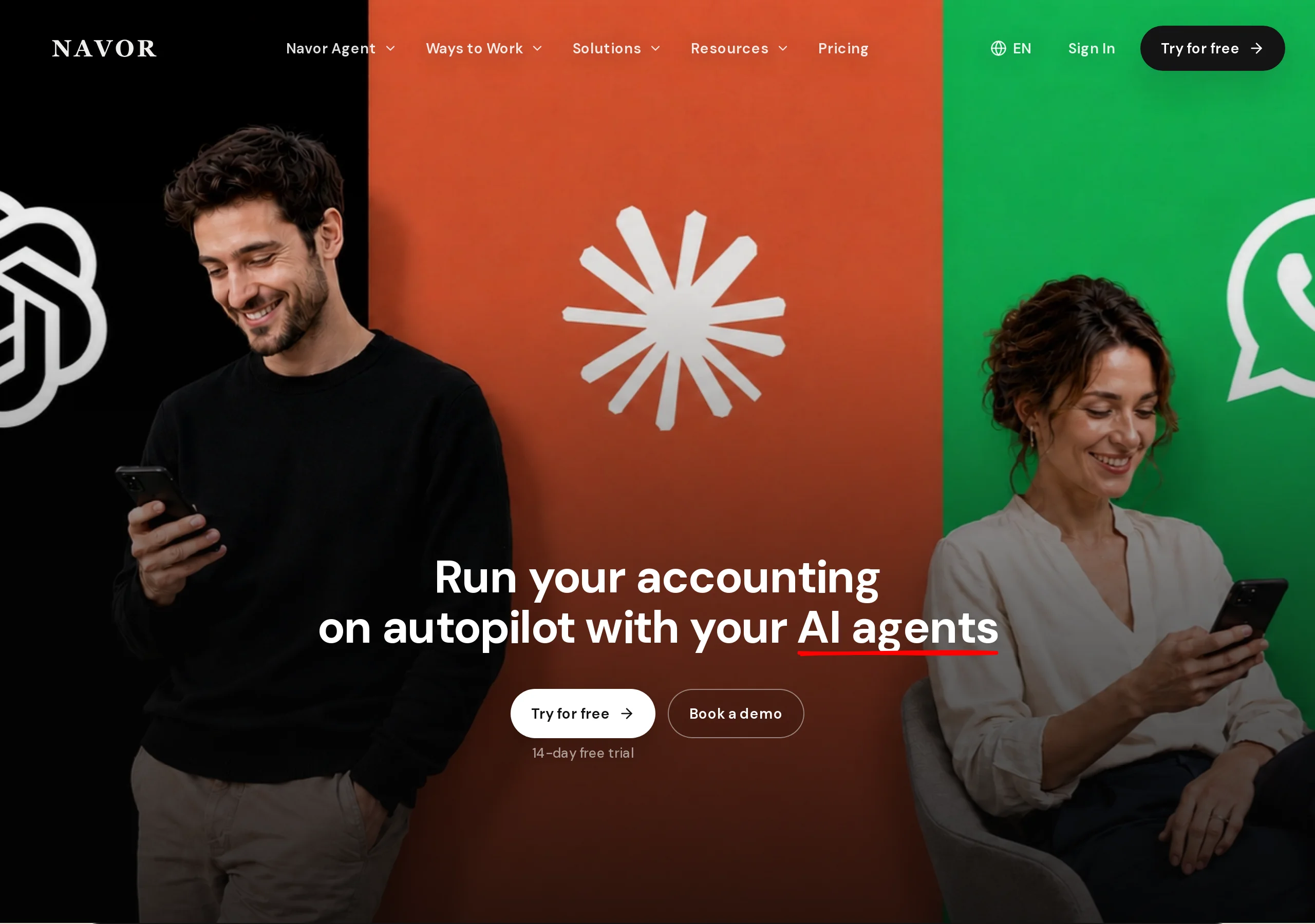 Navor homepage hero: Run your accounting on autopilot with your AI agents, Try for free and Book a demo, 14-day free trial, with WhatsApp on the right