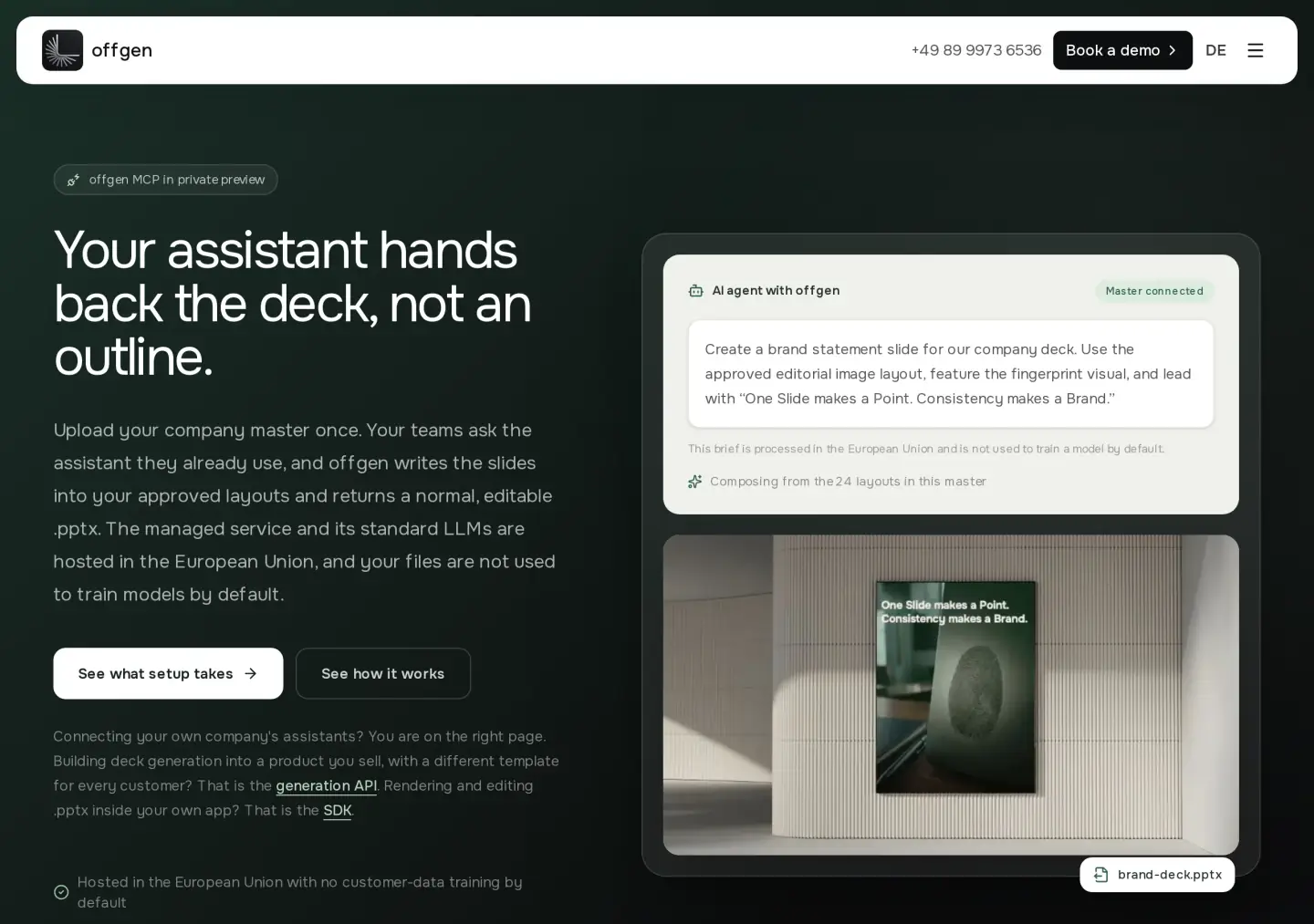 offgen MCP page: Your assistant hands back the deck, not an outline, with a private-preview badge and a demo of an agent composing from 24 layouts in a connected master into brand-deck.pptx