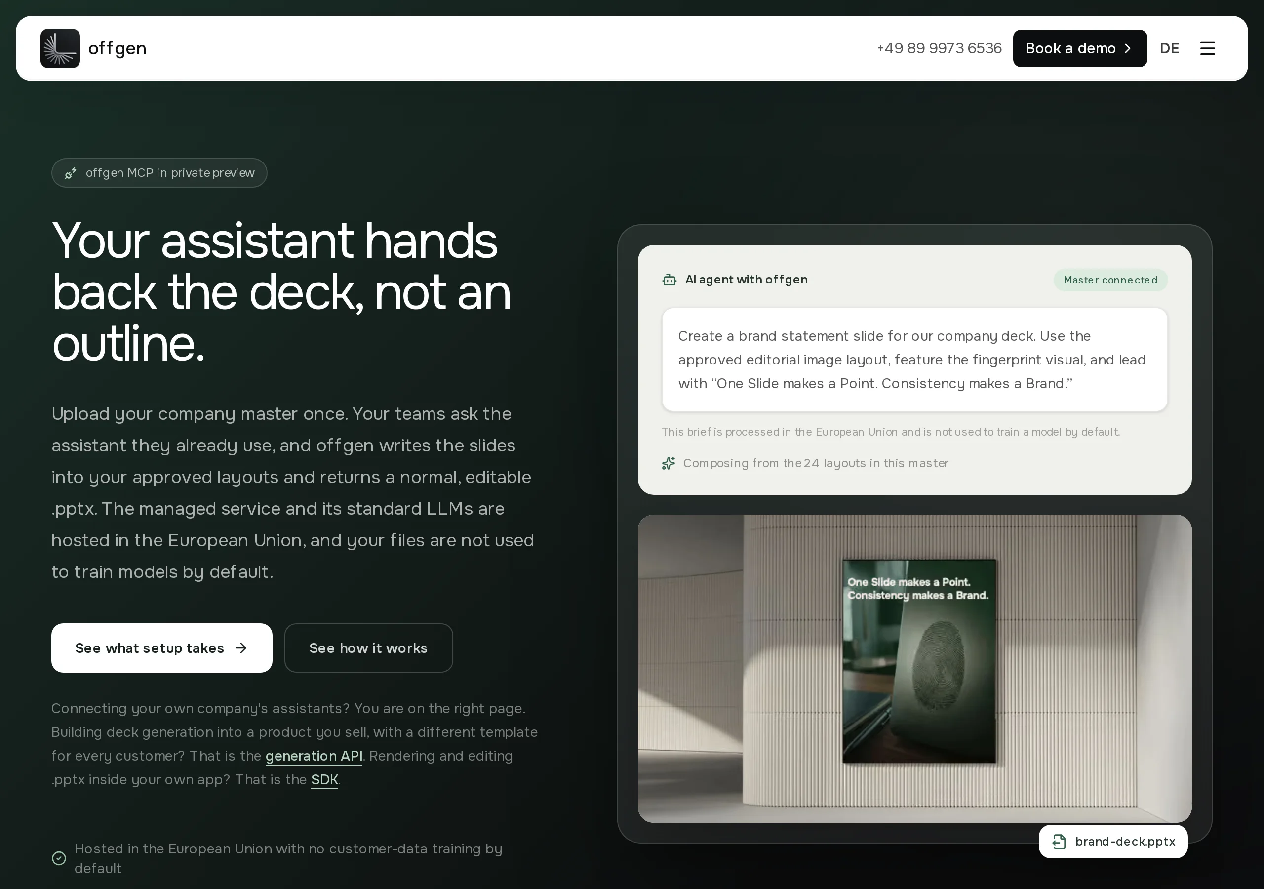 offgen MCP page: Your assistant hands back the deck, not an outline, with a private-preview badge and a demo of an agent composing from 24 layouts in a connected master into brand-deck.pptx