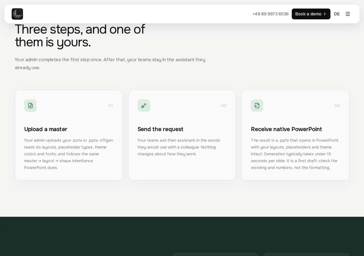 offgen MCP page section Three steps, and one of them is yours: upload a master, send the request, receive native PowerPoint, with generation typically under 15 seconds per slide